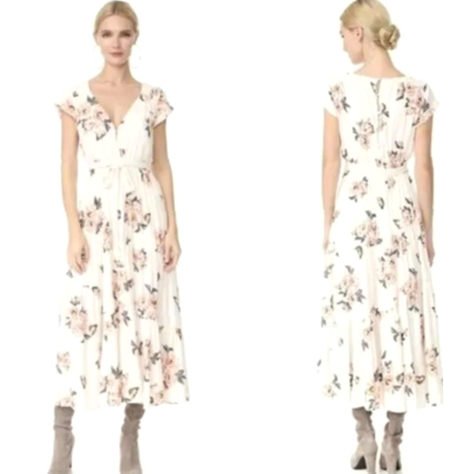 Free People Free People Maxi Dress All I Got Printed Dress Ivory Combo Floral Chiffon V-Neck Button Short Cap Sleeve Long Women's Regular Size 0 Stuffed? Size XS / US 0-2 / IT 36-38 - 2 Thumbnail