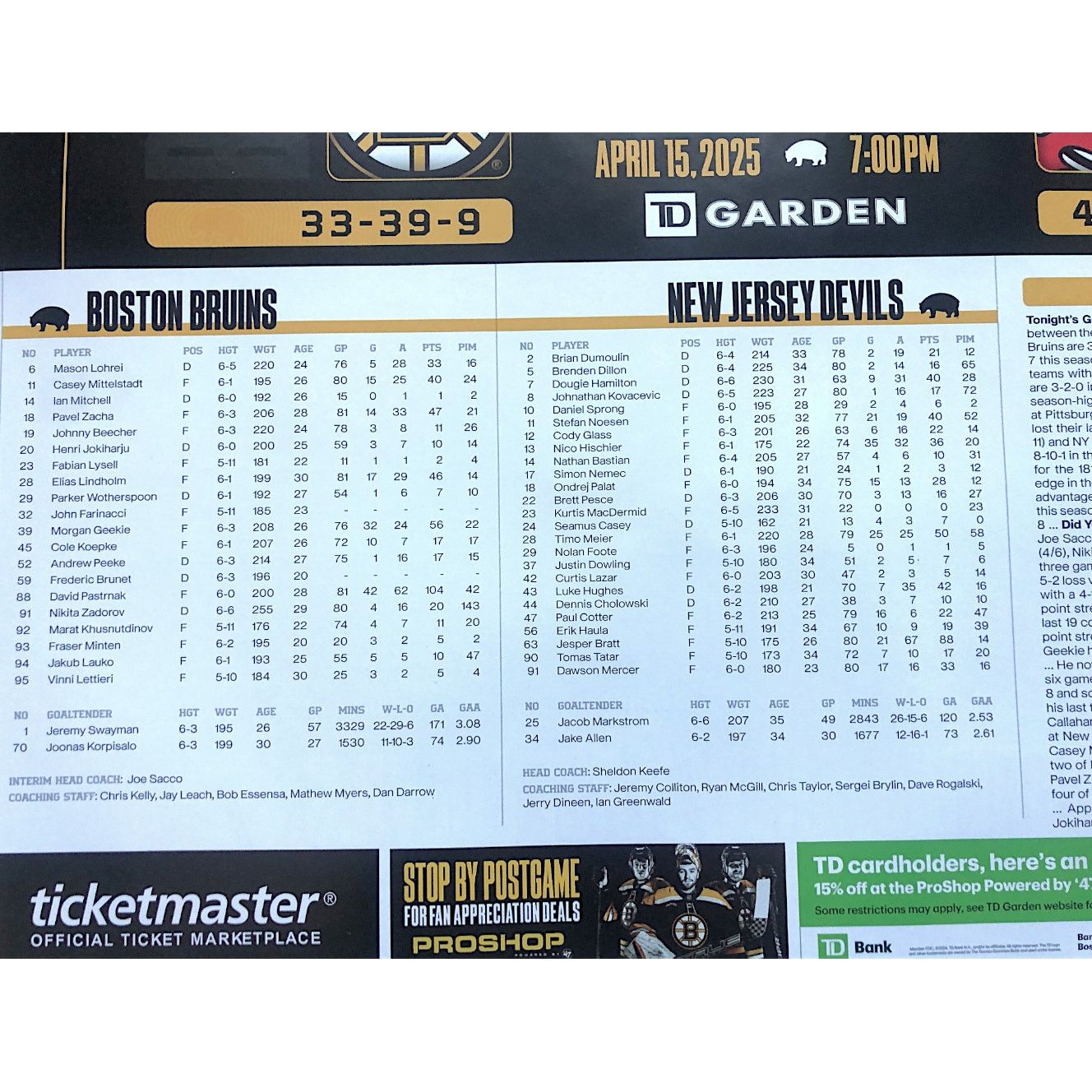 NHL Boston Bruins v New Jersey Devils 4/15/25 Gameday Roster Size ONE SIZE - 5 Thumbnail