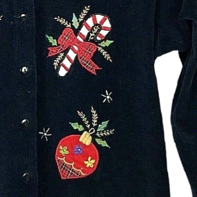 VINTAGE Victoria Jones Christmas Cardigan Sweater Black Velour Applique Holiday Medium