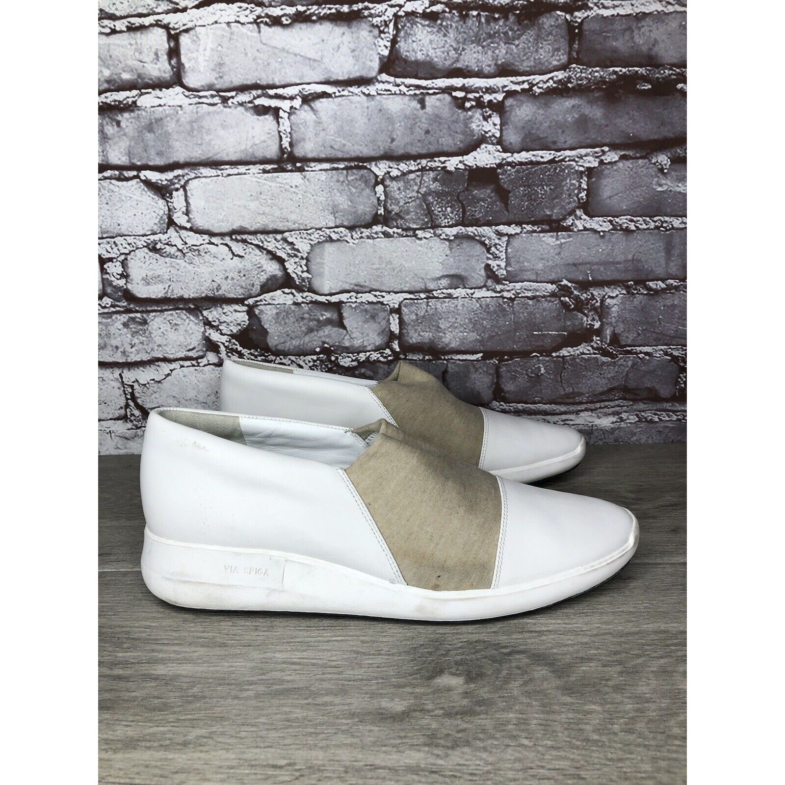 Other Via Spiga White Leather Beige Fabric Slip On Sneakers Women’ Size US 9.5 / IT 39.5 - 3 Thumbnail