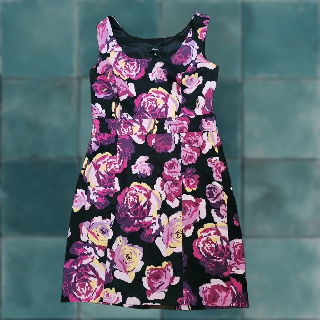 Express VINTAGE Express Womens 12 Floral Fit Flare Dress Pink Black Size XL / US 12-14 / IT 48-50 - 1 Thumbnail