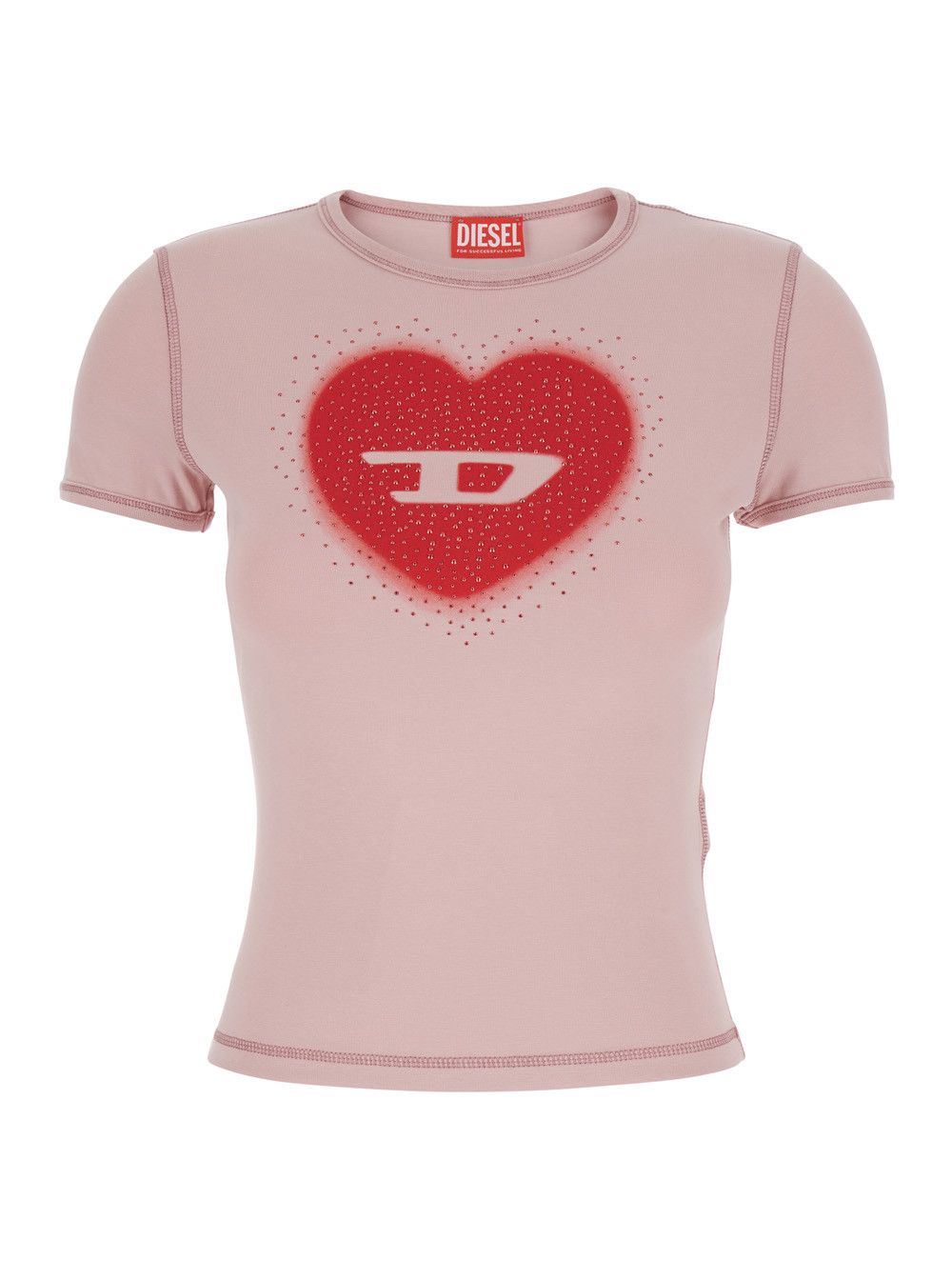 Diesel Round Neck T-Shirt with Front Print and Bead Details in Pink Cotton for Women Size M / US 6-8 / IT 42-44 - 1 Thumbnail
