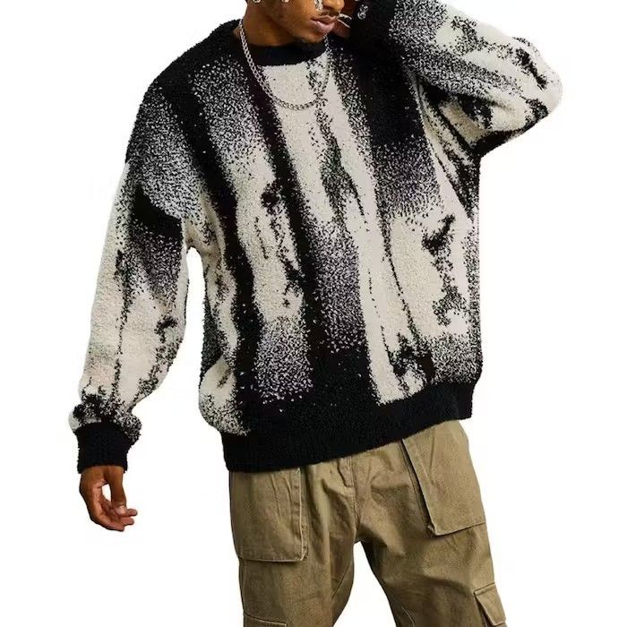 image of Striped Knit Sweater, Vintage Style Sweater in Grey, Men's (Size Large)
