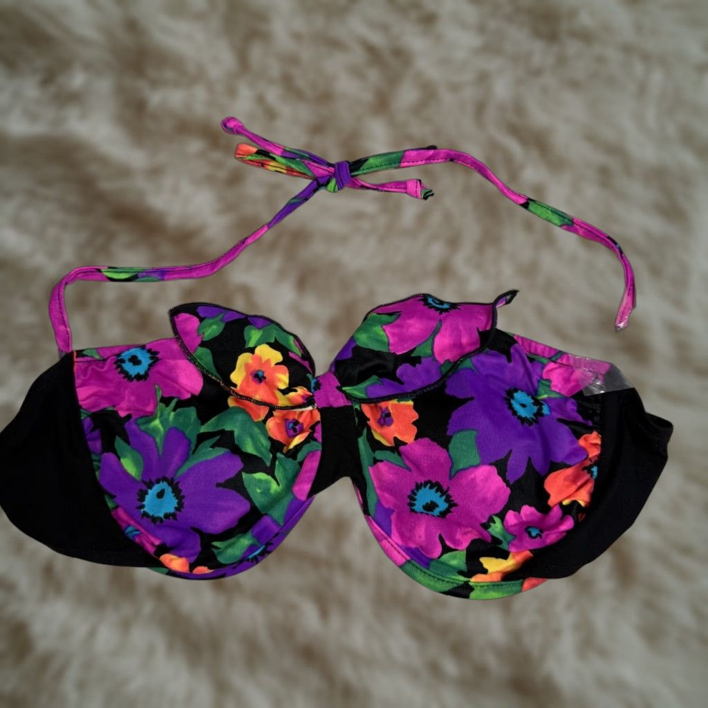 Vintage VINTAGE Carol Wior Purple Floral Swimwear Bikini Halter Top Sz 16 NWT Size XXL / US 16-18 / IT 52-54 - 1 Thumbnail