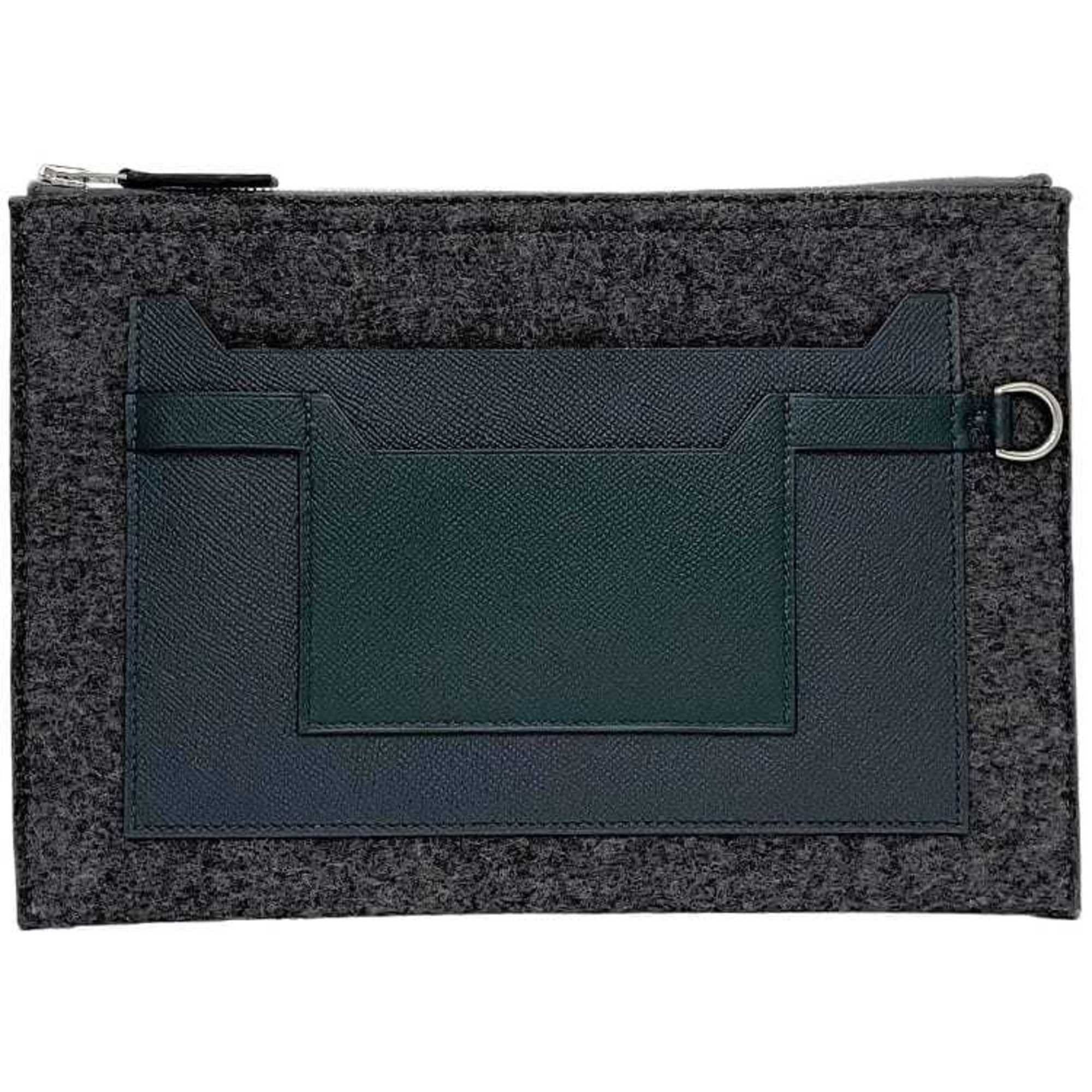 image of Hermes Clutch Bag Toudou 29 Gray Navy Green F-19988 Felt Leather Epson C Stamp Hermes D-Ring Men's 