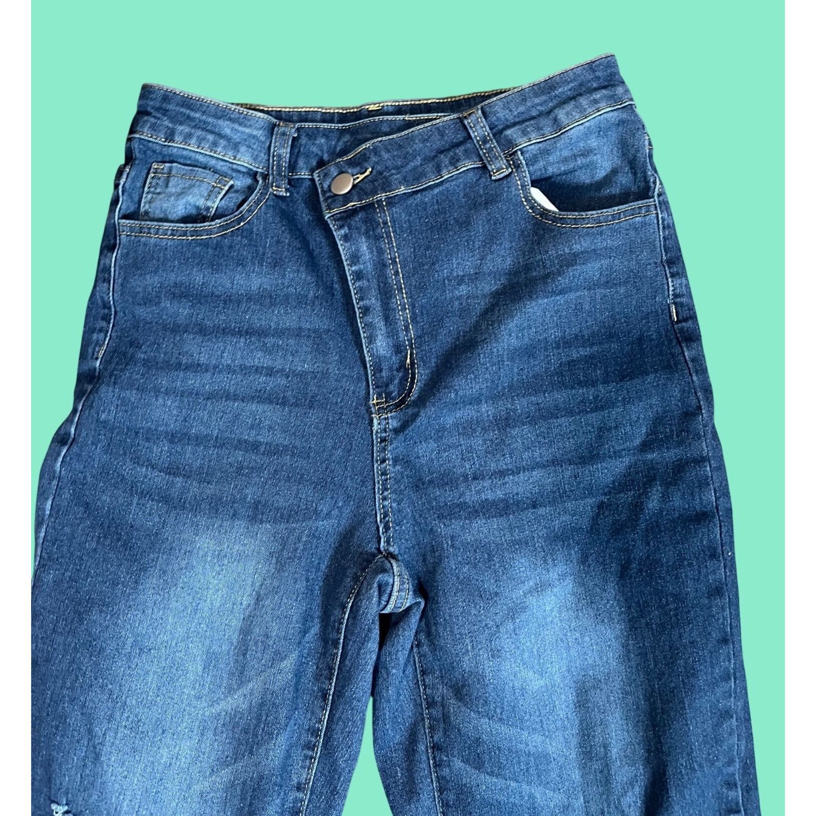 Other High-Waisted Distressed Cuffed Hem Jeans With crossover zip Size 31" - 6 Thumbnail