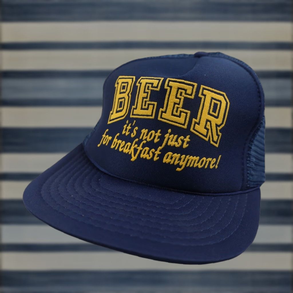 Vintage VINTAGE Beer Its not Just for Breakfast Anymore Spellout Trucker Hat Men OS Blue Size ONE SIZE - 1 Thumbnail