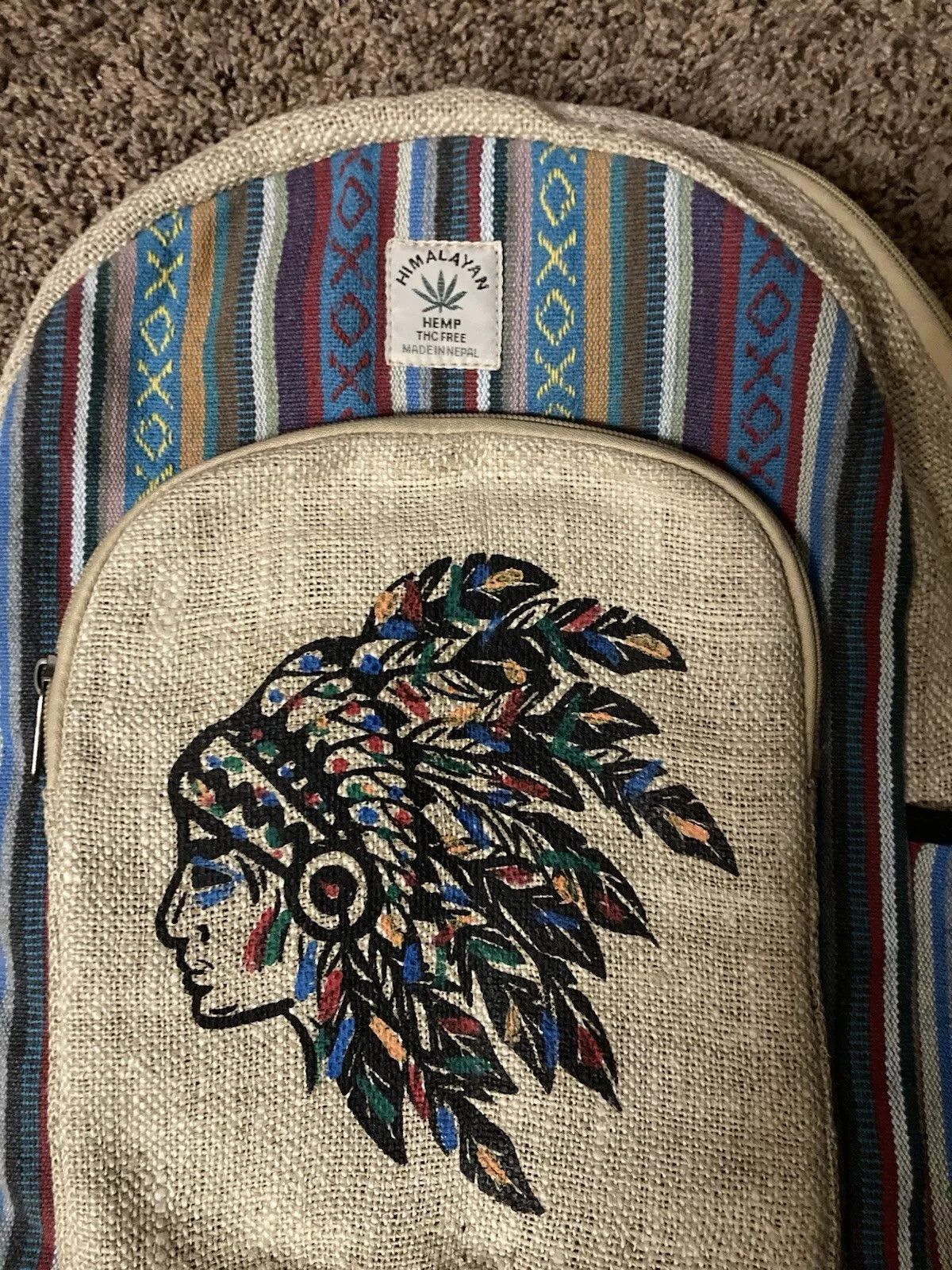 Designer × Vintage Chief Native Tribe Head Hemp Backpack Boho Hippie Bag Size ONE SIZE - 2 Thumbnail