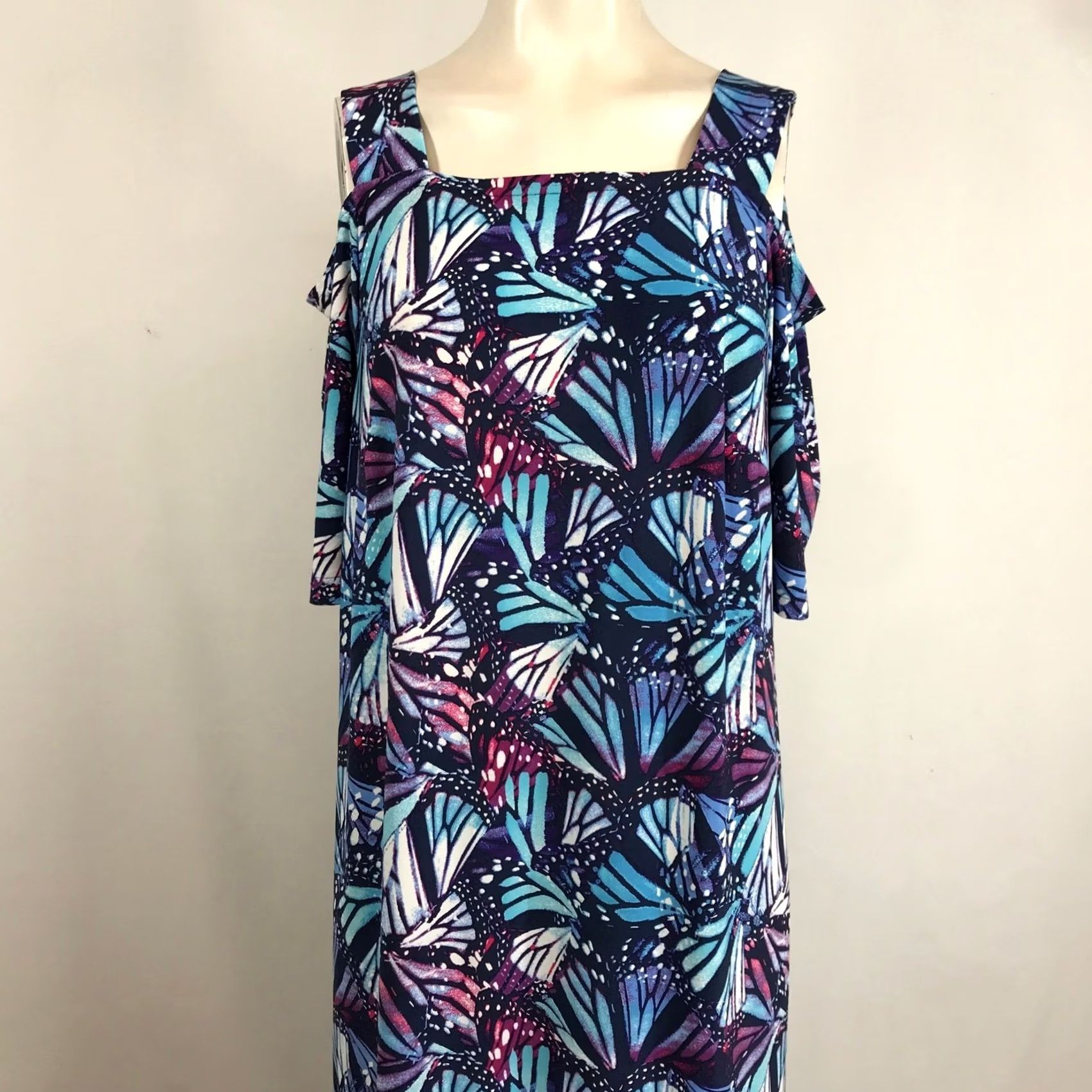 Vintage Roamans Dress Maxi Cold Shoulder Butterfly Wing Print Blue Purple Womens 14/16 M Size XL / US 12-14 / IT 48-50 - 2 Thumbnail