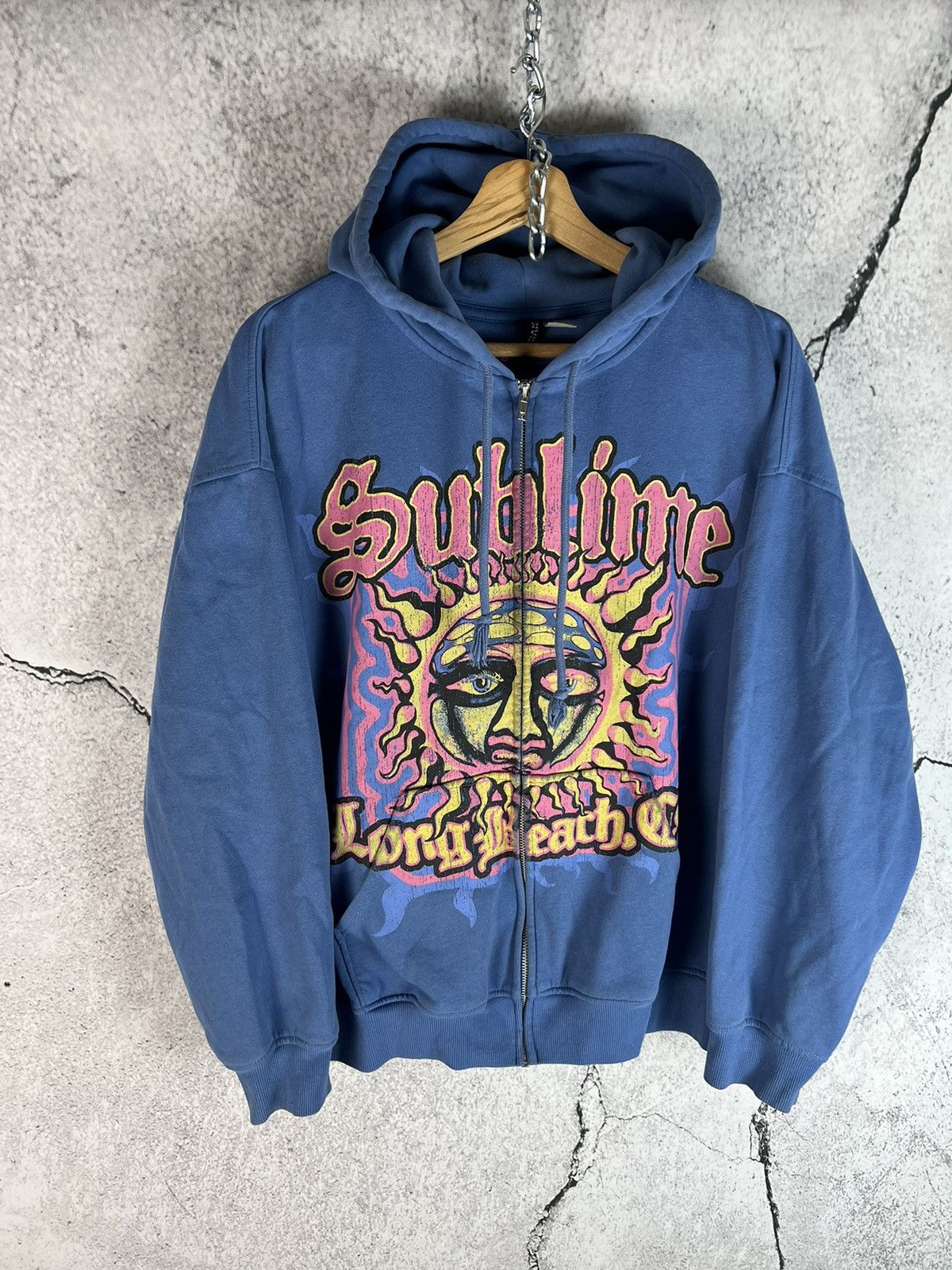 image of Band Tees x Sublime Vintage Boxy Zip Graphic Hoodie in Blue, Men's (Size Large)