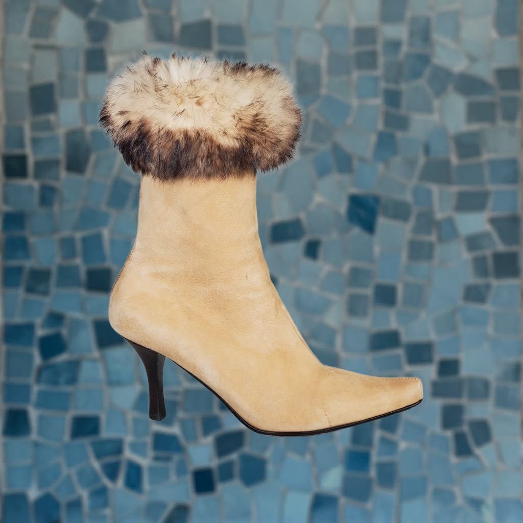 Vintage Arturo Chiang Suede Rabbit Fur Trim Back Zip Ankle Boots Snip Toe Women's US 7.5 Size US 8 / IT 38 - 1 Thumbnail