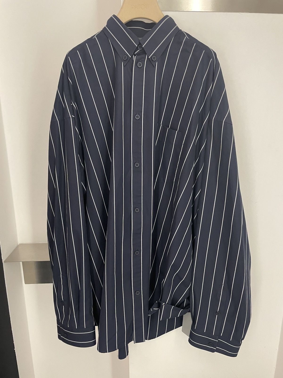 image of Balenciaga Oversize Striped Logo Shirt in Blue, Men's (Size XL)