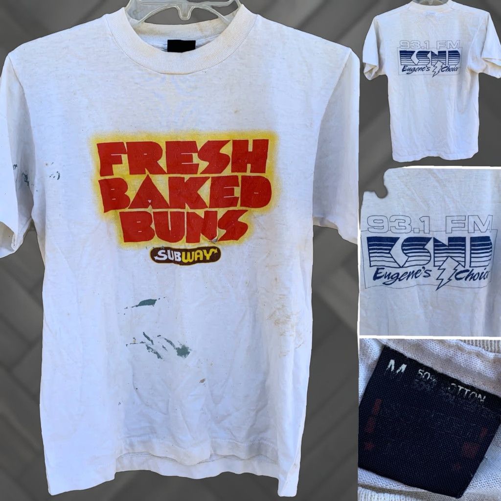 Vintage VINTAGE FRESH BAKED BUNS Subway 93.1 FM KSND Eugene’s Choice T Shirt M White Mens Graphic Tee 1990s Screen Stars Best Shirt Size US M / EU 48-50 / 2 - 1 Thumbnail