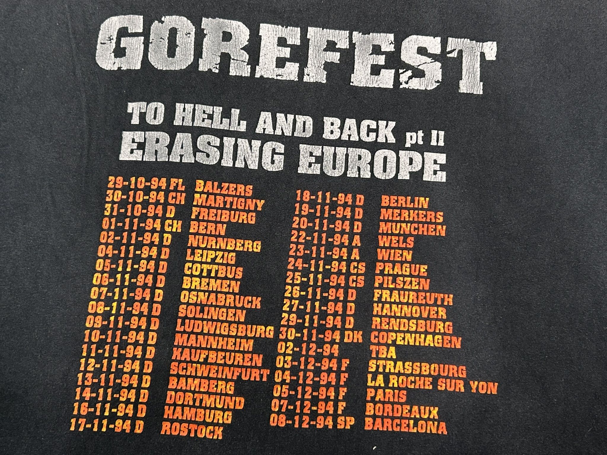Vintage Gorefest "To Hell And Back: Erasing Europe" Tour 1994 shirt Size US XL / EU 56 / 4 - 6 Thumbnail
