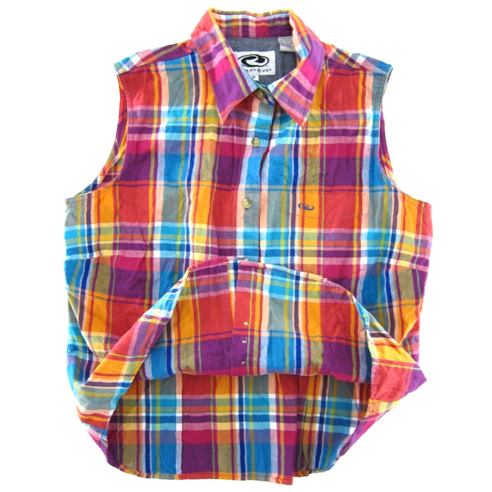 Roper VINTAGE ROPER 100% Cotton Pink Orange Blue Plaid Sleeveless Button Down Collar Blouse M Size M / US 6-8 / IT 42-44 - 4 Thumbnail