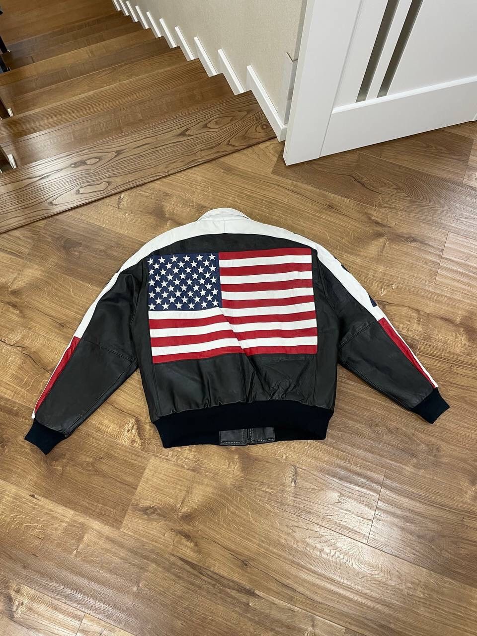 Vintage Genuine Leather USA Flag Big Logotype Bomber Jacket