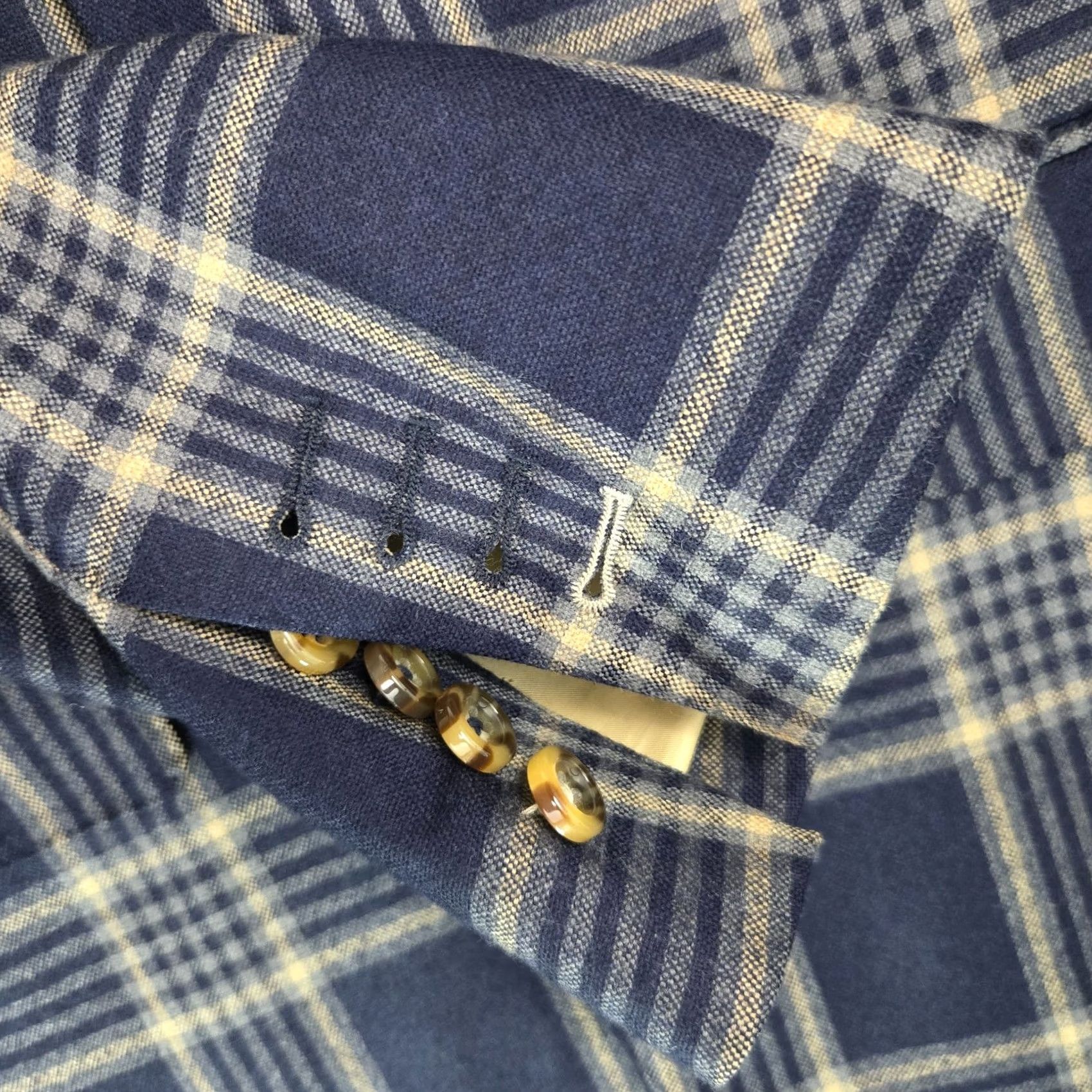 Vintage Custom Bespoke Mens Size 38 Blue Windowpane Plaid Soft Wool Jacket Blazer - 100% 4 Button Front, Double Vented, Notch Lapel Size 38R - 4 Thumbnail