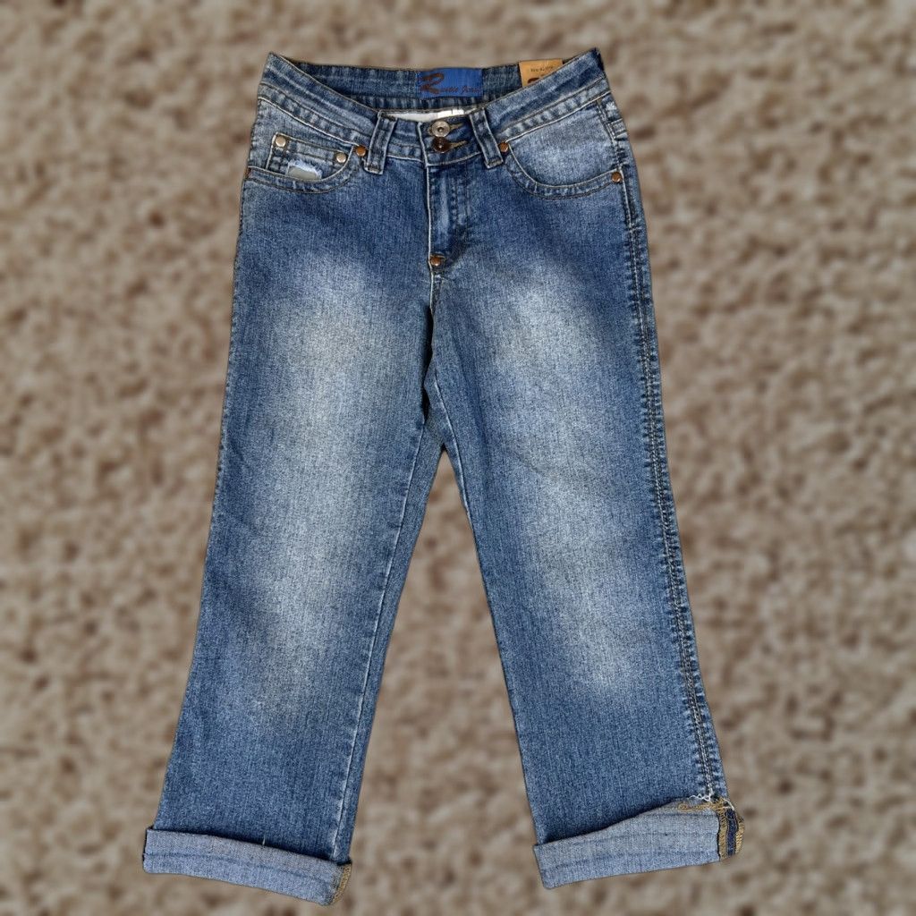 Denime Rustic Jeans Blue Denim Cropped Straight Jeans Womens 1 Stretch Patches Distressed Classic Western Style 5-Pocket Size 25" / US 0 / IT 36 - 1 Thumbnail
