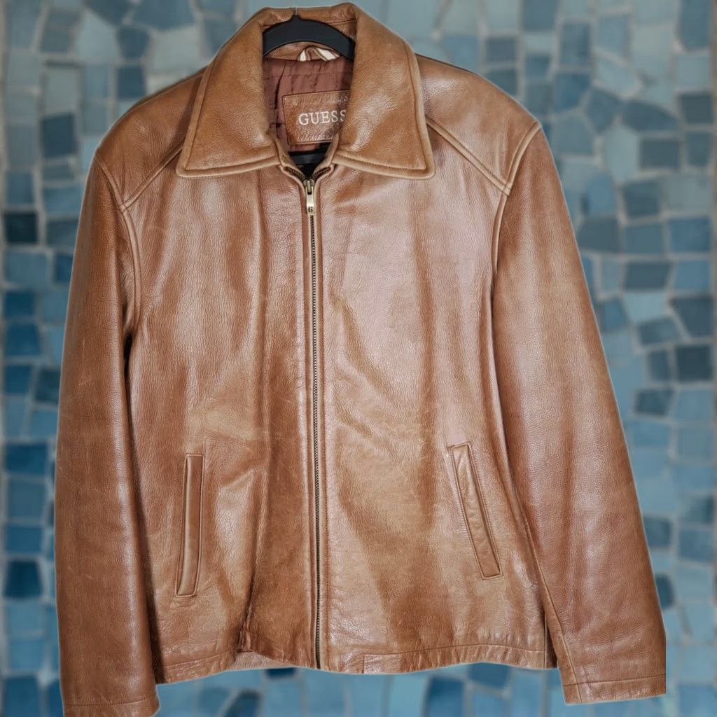 Guess VINTAGE GUESS Leather Bomber / Motorcycle Jacket Men’s S Brown Heavyweight Lined Full Zip Size US S / EU 44-46 / 1 - 1 Thumbnail