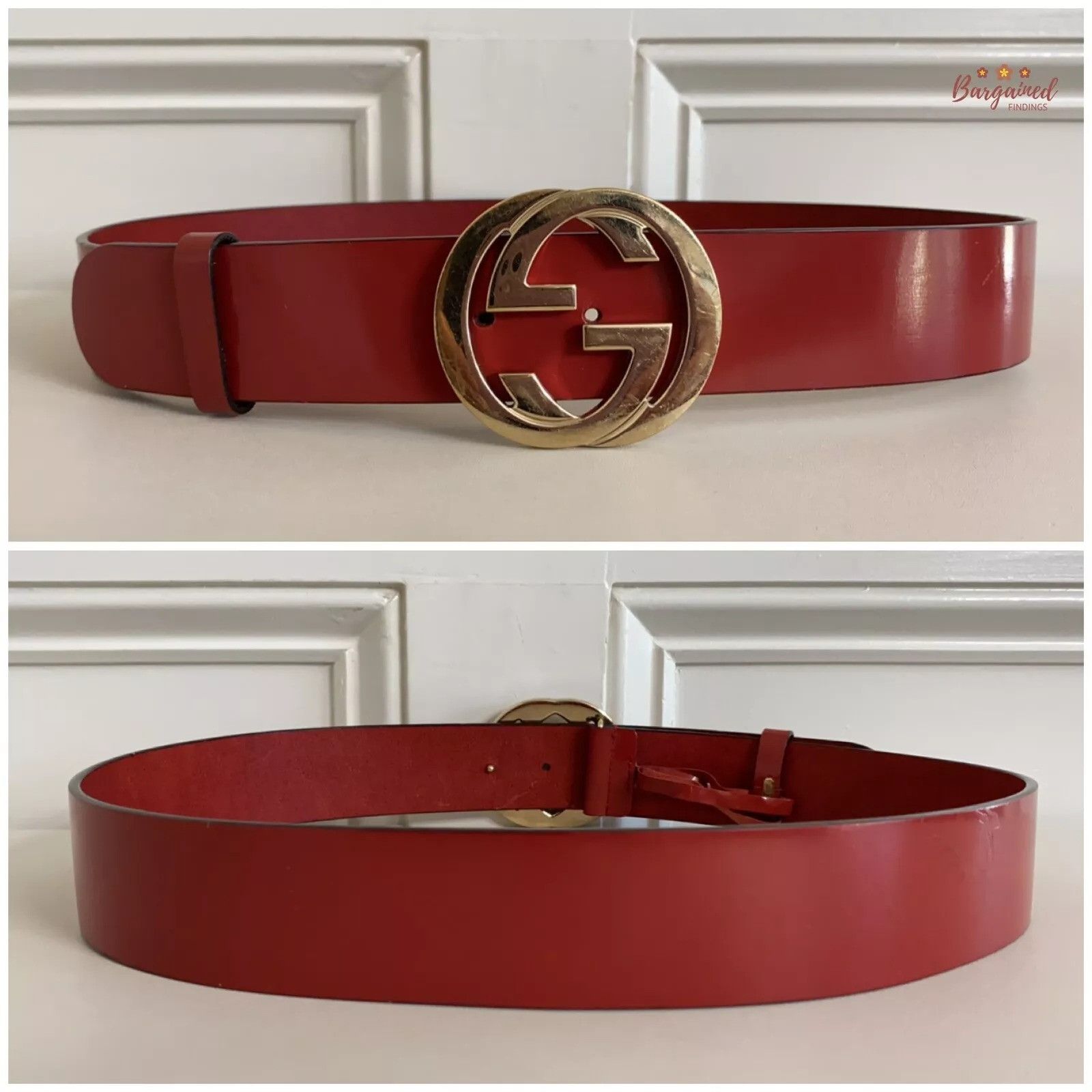 Gucci Gucci Red Coated Leather Gold Interlocking G Buckle Belt Size 30 - 2 Thumbnail