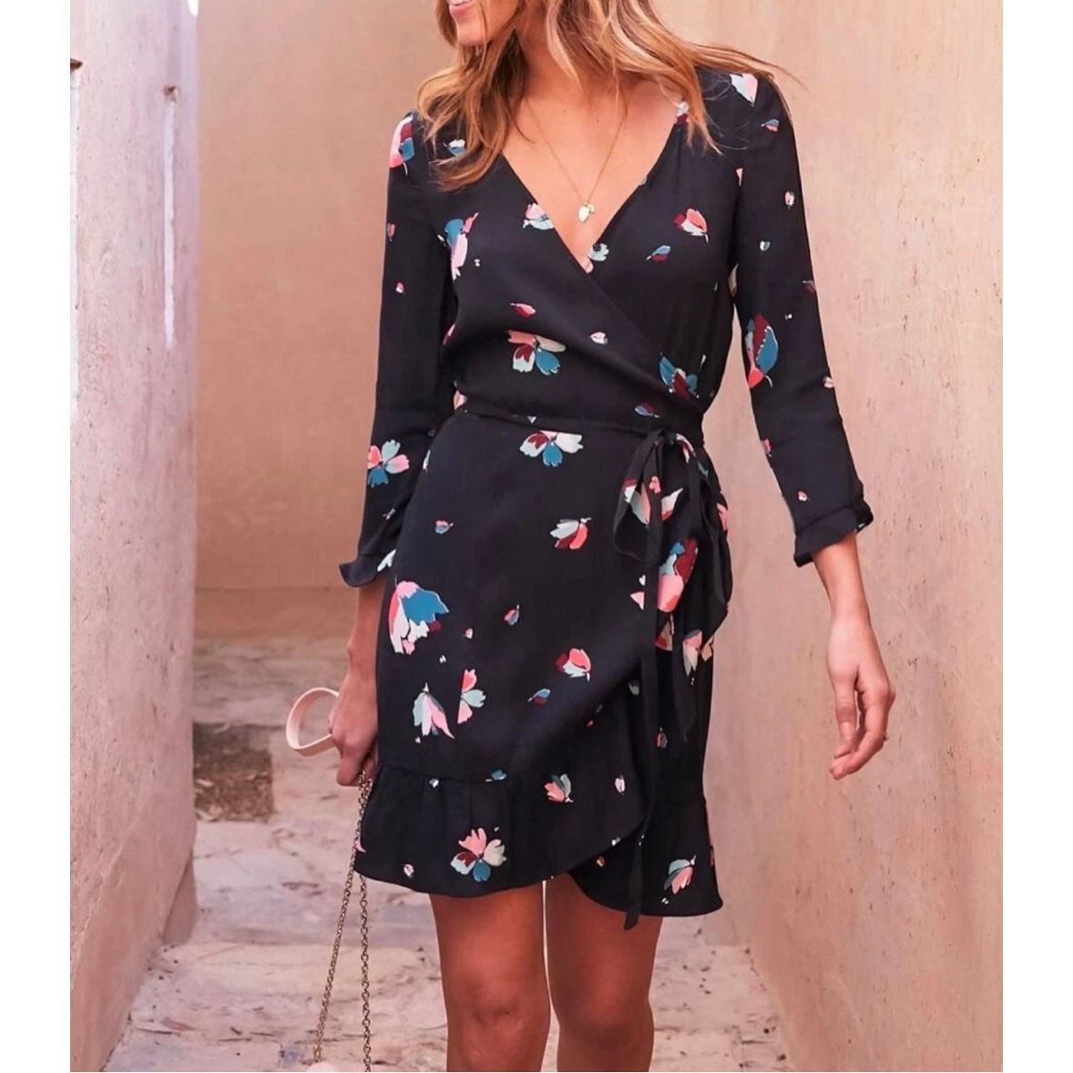 Sezane Elena Floral Printed Wrap Ruffle Mini Viscose Dress S