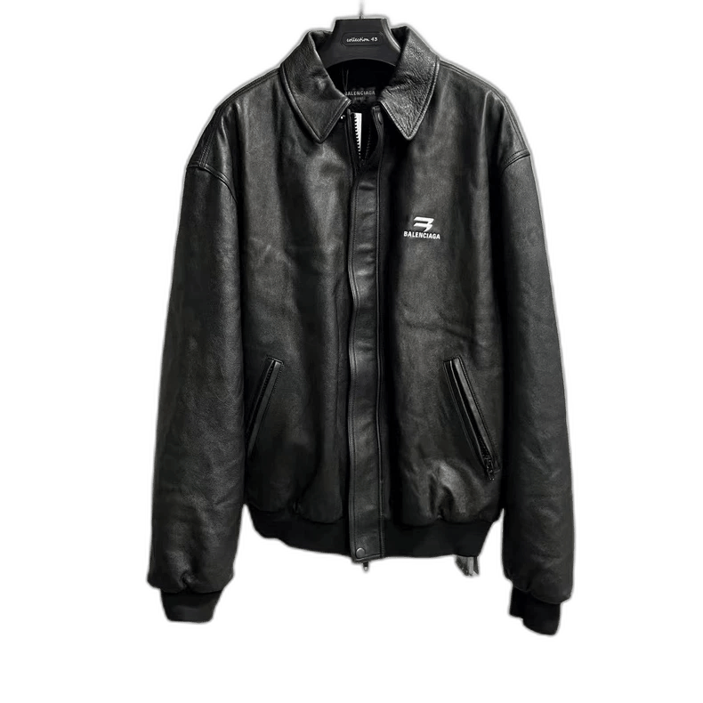 Balenciaga Sporty Logo Embroidered Leather Jacket