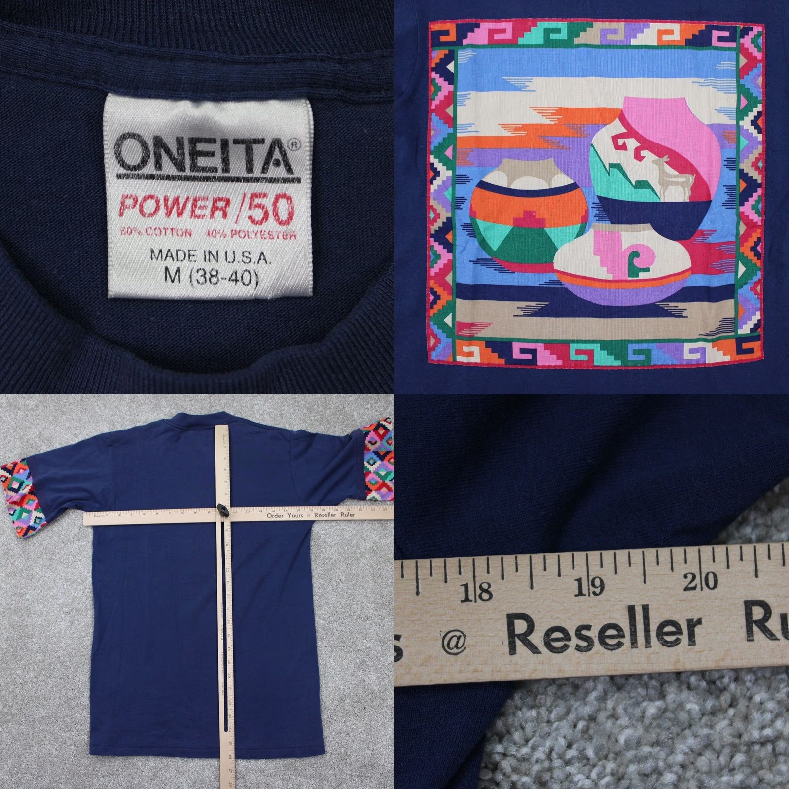 Vintage VINTAGE Oneita Power/50 Shirt Mens Medium Blue Aztec Southwest Tribal S/S Size US M / EU 48-50 / 2 - 8 Thumbnail