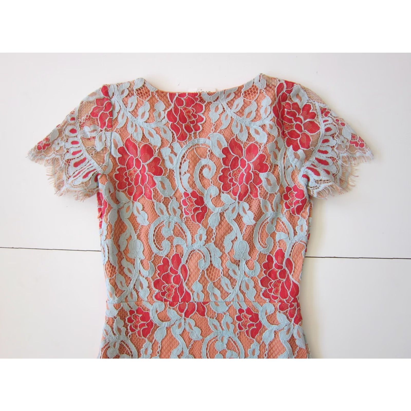 Pinko Storia Dress Cap Sleeve Pink Blue Lace Floral Embroidered Sheath Small Empire Size S / US 4 / IT 40 - 6 Thumbnail