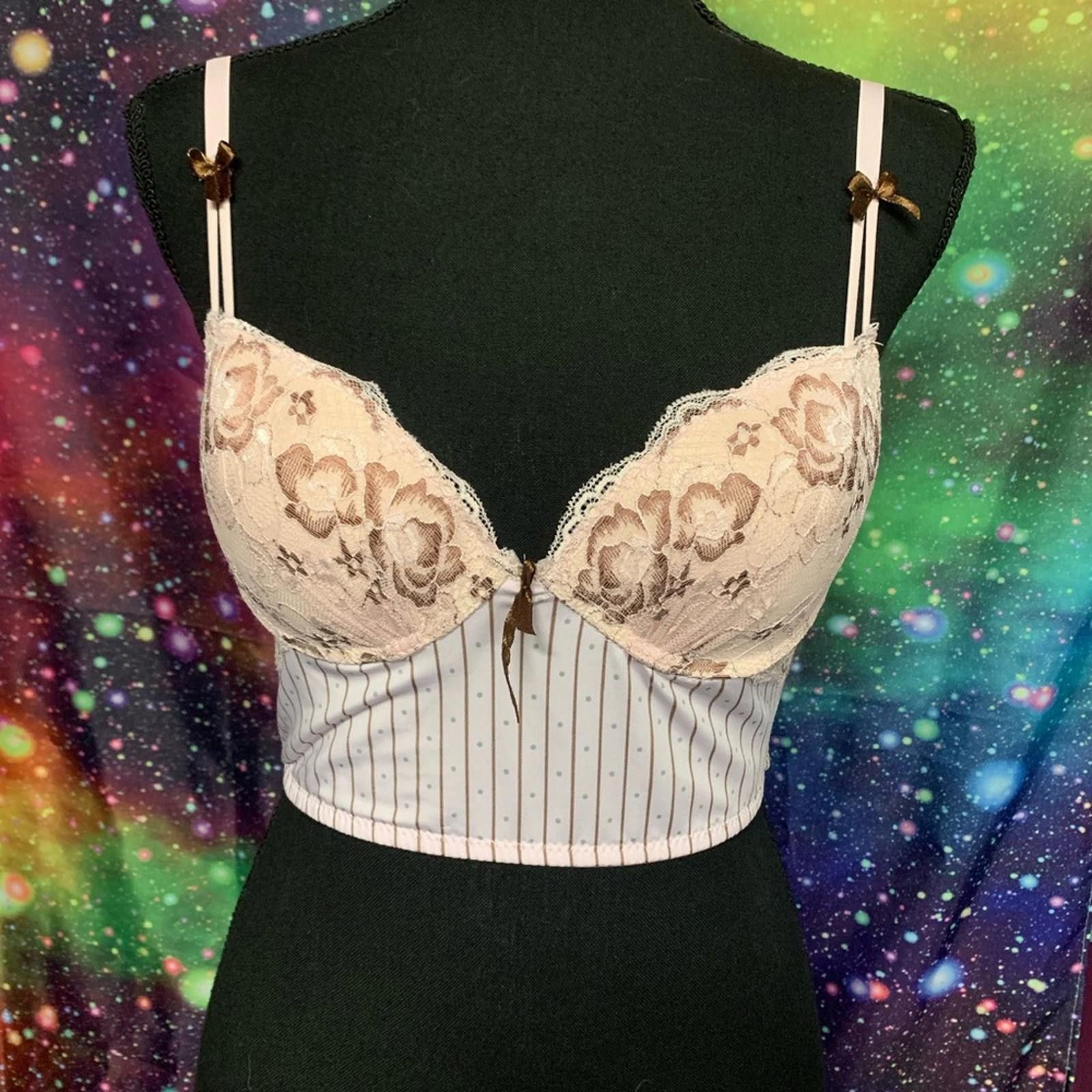 Designer Cream and Brown Lace Longline Bra with Structured Support Size ONE SIZE - 1 Thumbnail