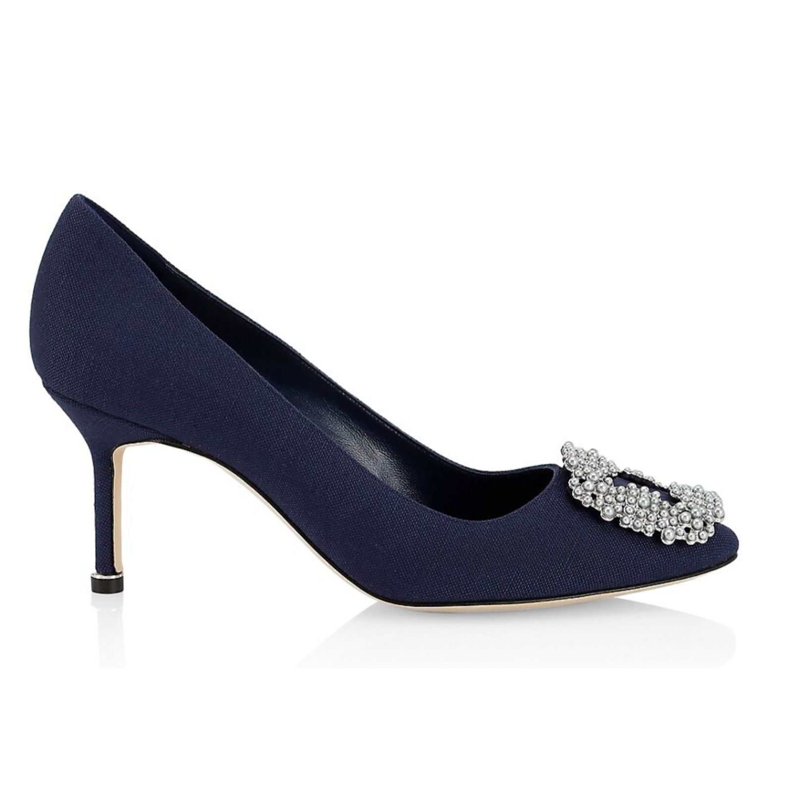 Manolo Blahnik Hangisi 70 Navy Linen Pearl Jewel Buckle Low Heel Pump 39 Size US 9 / IT 39 - 2 Thumbnail