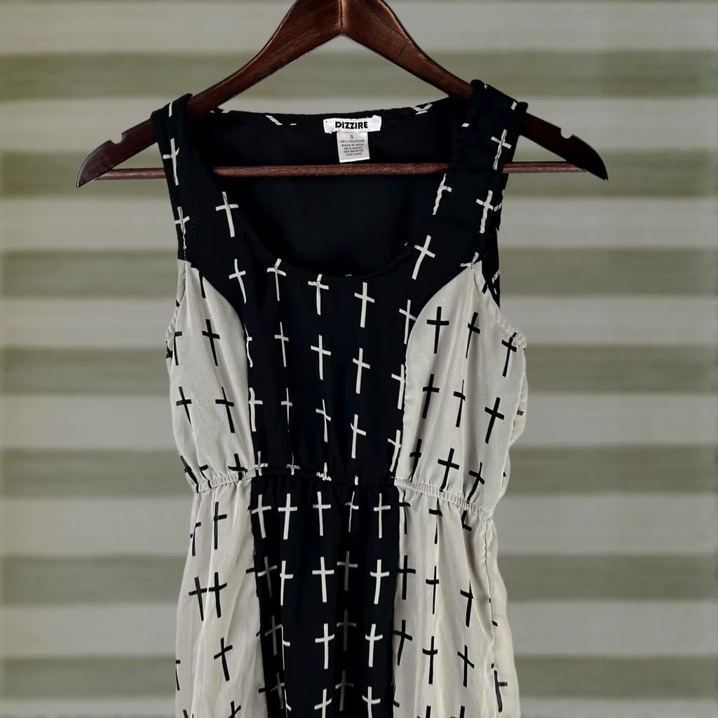 Vintage Dizzire Grunge Maxi Tank Dress - Womens Small Black Beige Sleeveless .Graphic, Casual Wear Size S / US 4 / IT 40 - 1 Thumbnail