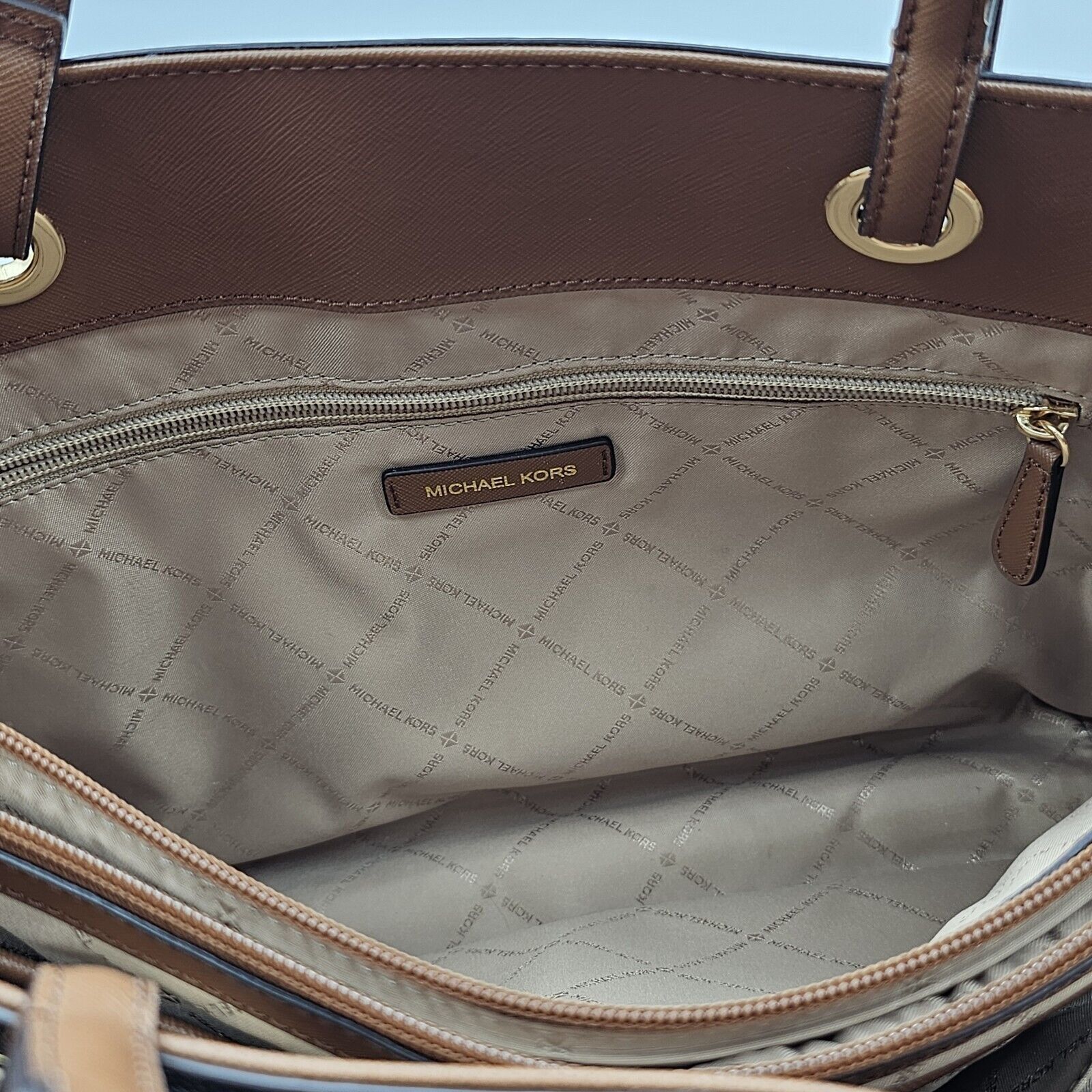 Michael Kors Michael Kors Walsh MK Logo Handbag Tote Purse Brown Tan Gold Size ONE SIZE - 19 Thumbnail
