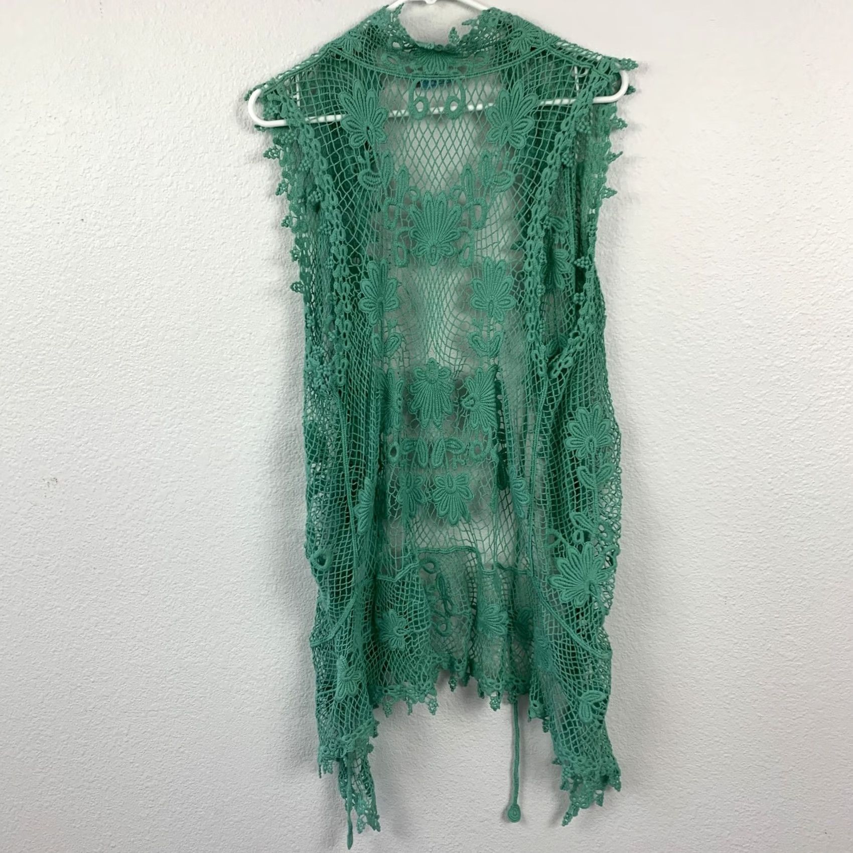 Pinko Pink Cadillac Open Front Vest Crochet Lace Cardigan Boho Women XL Green Casual Beach Festival 100 Cotton Women Bohemian Beach Festival 90s? Size US XL / EU 56 / 4 - 7 Thumbnail
