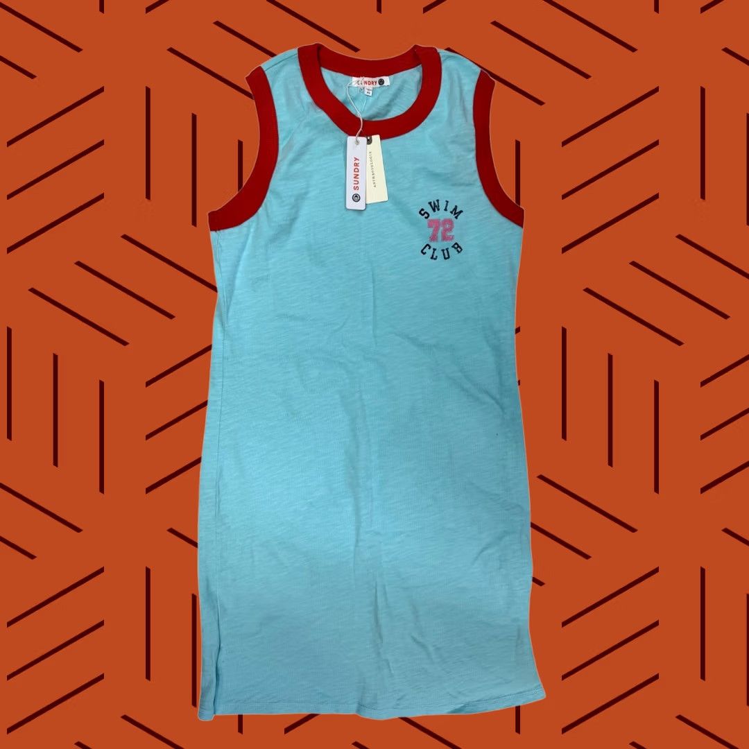 Sundry VINTAGE Sundry Anthropologie Swim Club Tank Dress Womens XS Robins Egg Blue Red Ringer Graphic Print Knee Length Casual Beach Summer Size XS / US 0-2 / IT 36-38 - 1 Thumbnail