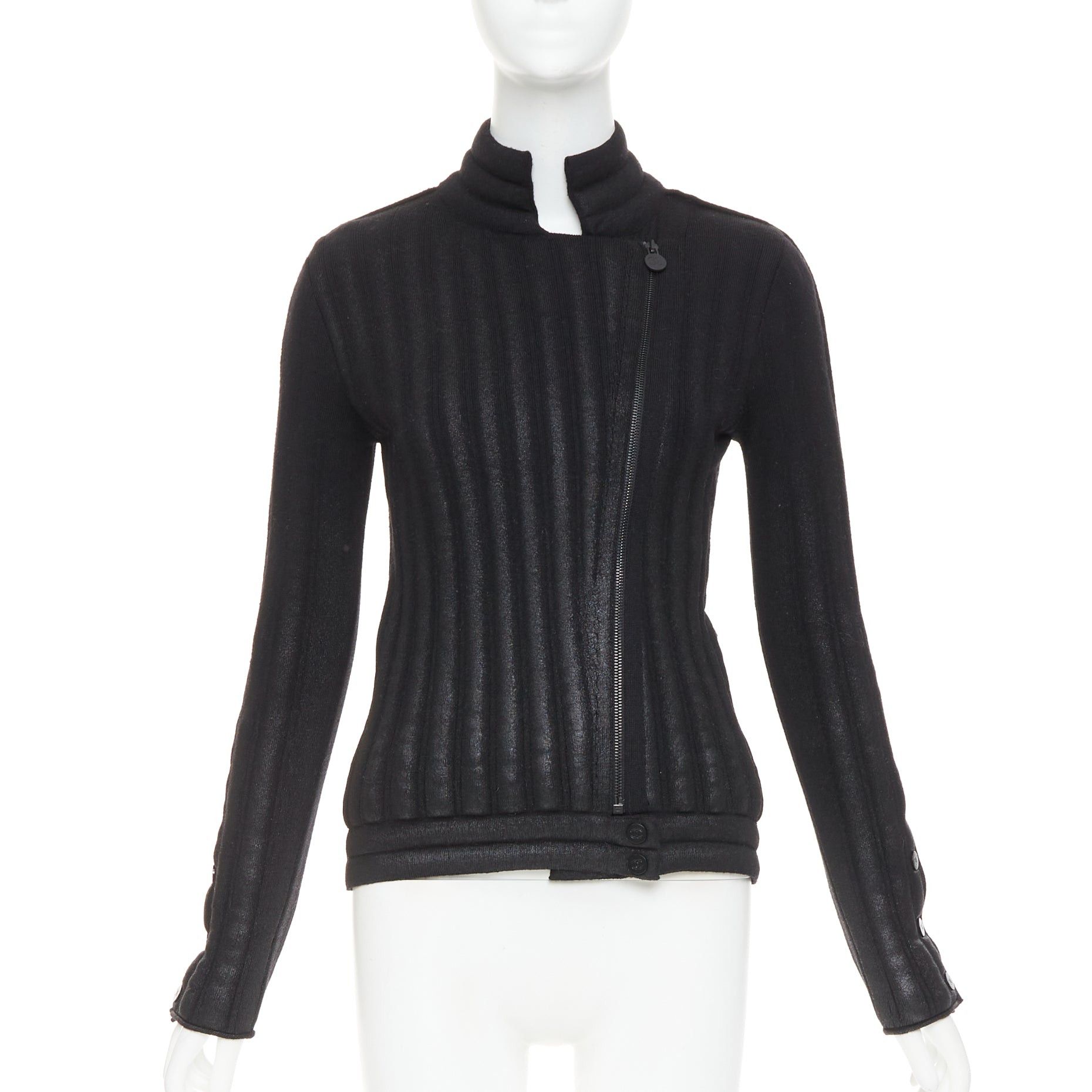 Chanel CHANEL 100% wool black metallic coated CC logo back tubular padded biker jacket FR34 XS Size XS / US 0-2 / IT 36-38 - 1 Thumbnail