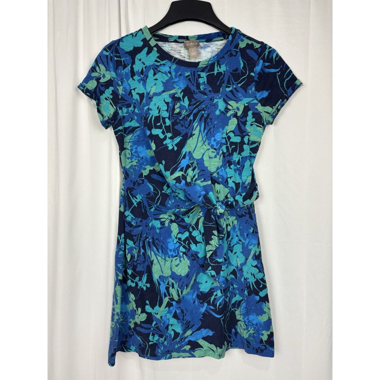 Chicos Chico’s Tie Front Blue Green Floral SS T-Shirt Dress S Size S / US 4 / IT 40 - 2 Thumbnail