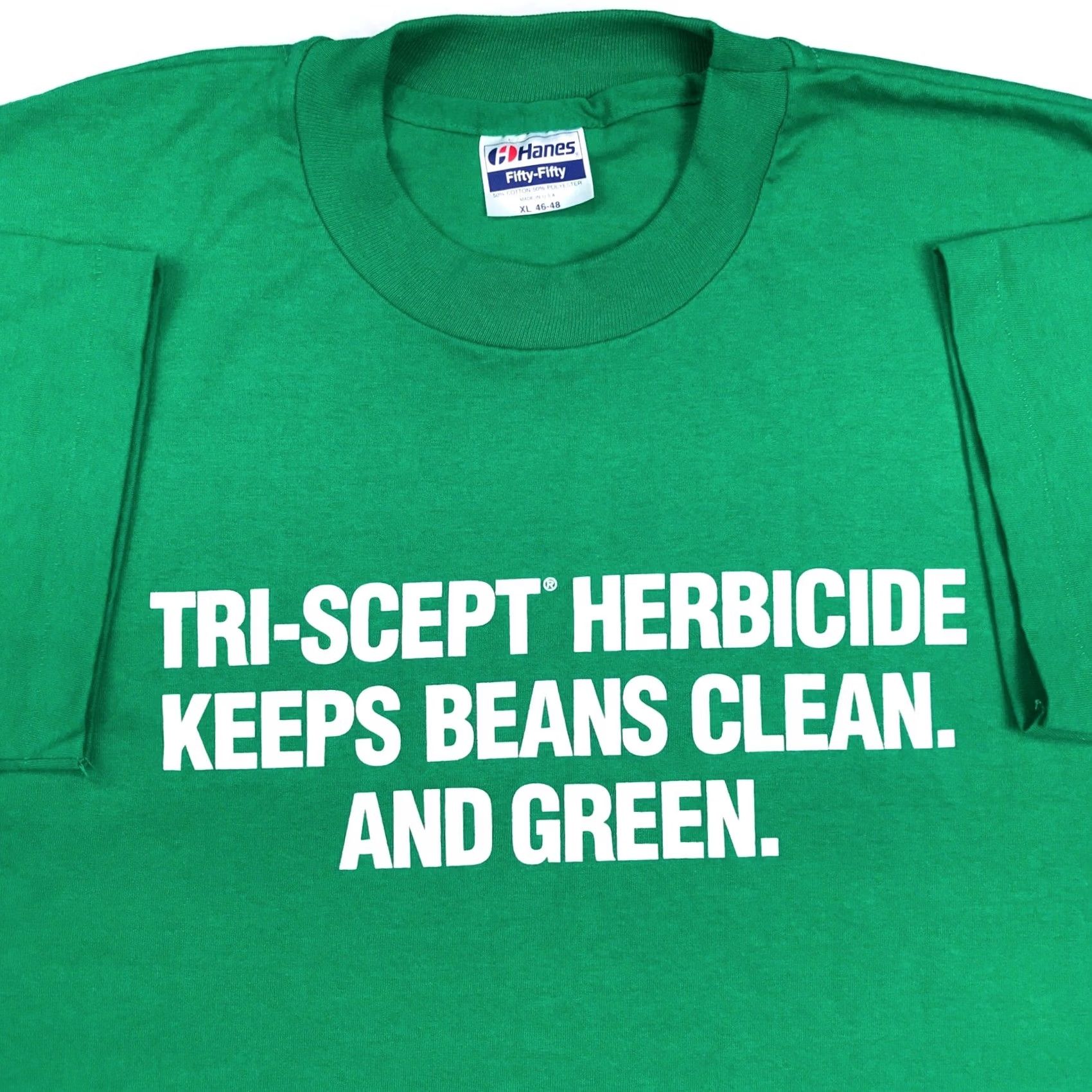 Hanes VINTAGE Hanes T-Shirt Men XL Green 80s 90s TRI-SCEPT HERBICIDE KEEPS BEAN CLEAN & GREEN Short Sleeve Cotton Blend Single Stitch Size US XL / EU 56 / 4 - 2 Thumbnail