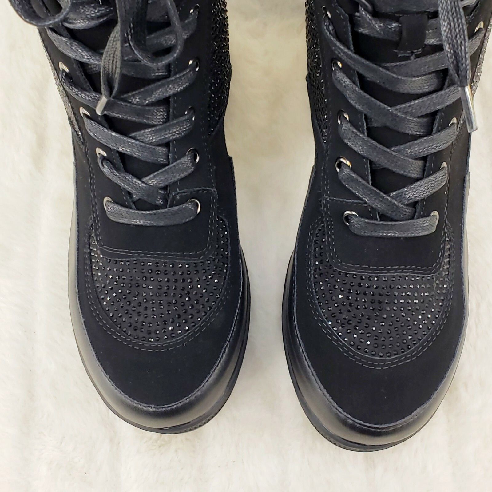 Other Diva Shine Black Rhinestone Lace Up Platform Combat Ankle Bo Size US 8.5 / IT 38.5 - 6 Thumbnail