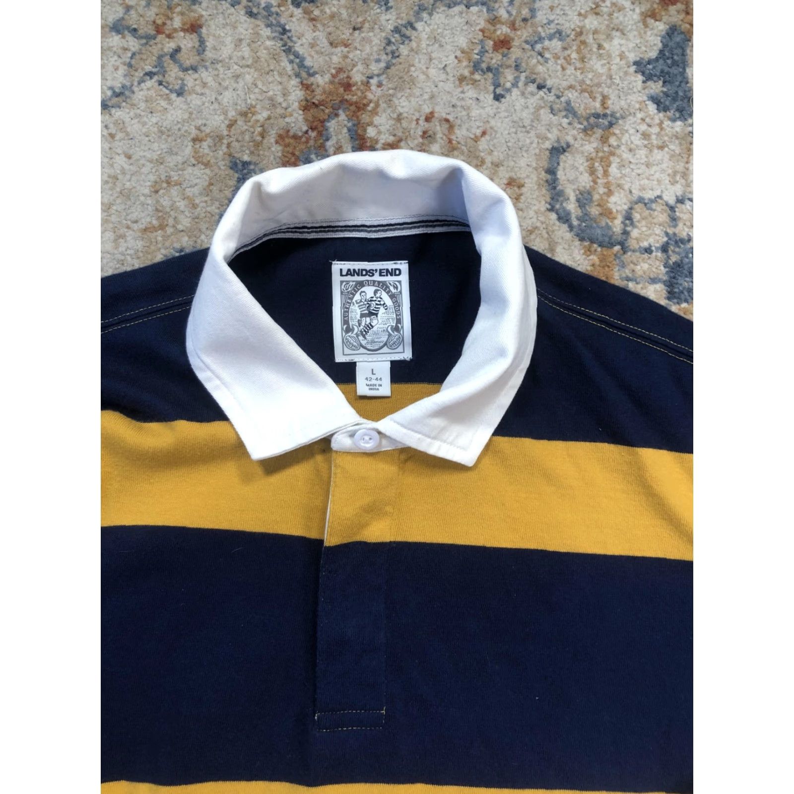 Lands' End Lands' End Polo Shirt Mens L Multicolor Striped Rugby Long Sleeve Yellow Navy White Pattern Button Collar Casual Size US L / EU 52-54 / 3 - 2 Thumbnail