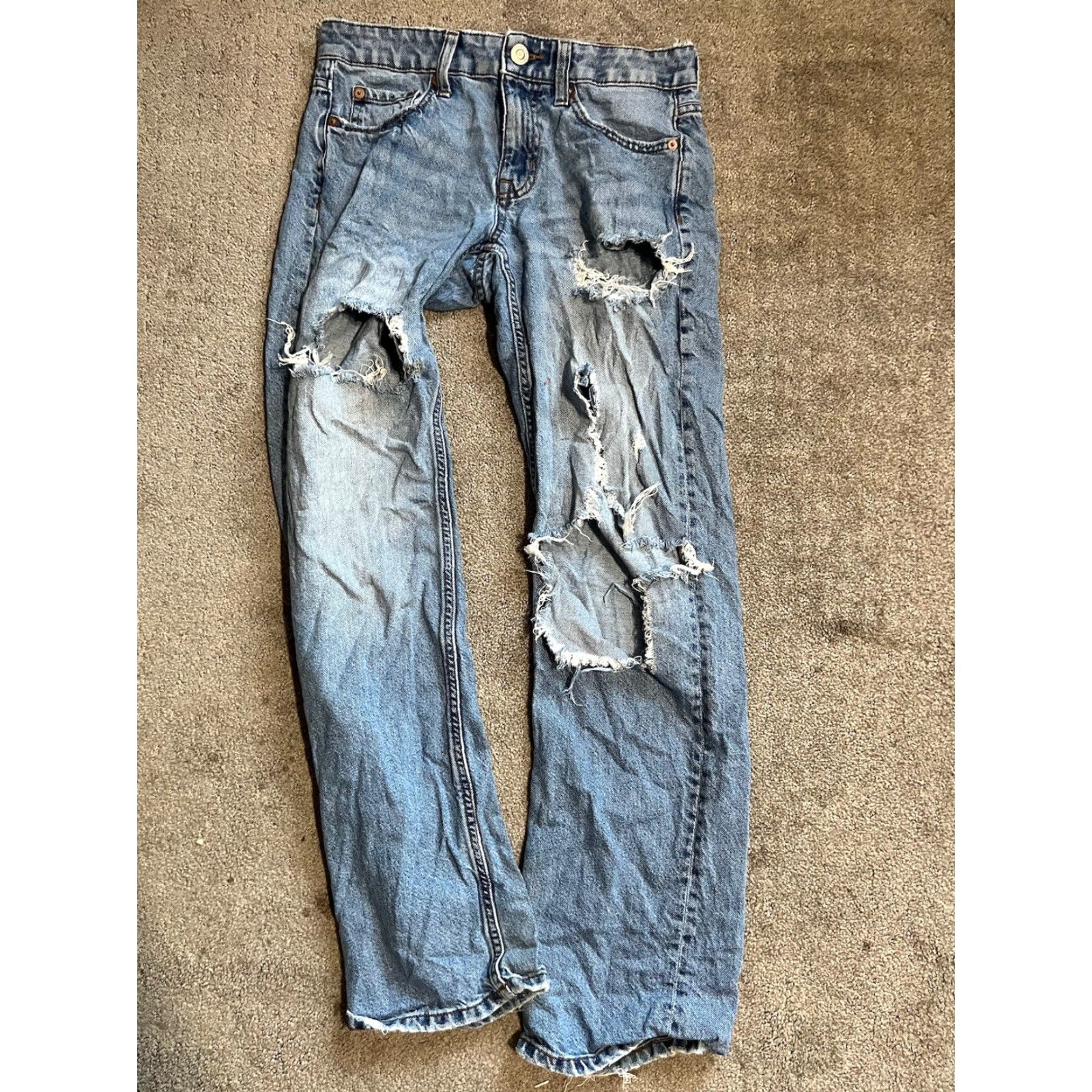 Vintage Aéropostale Light Blue Destroyed Low Rise Baggy Crop Jeans 00R Womens Jeans Cropped Distressed Light Blue 00 R Size 24" / US 00 / IT 34 - 3 Thumbnail