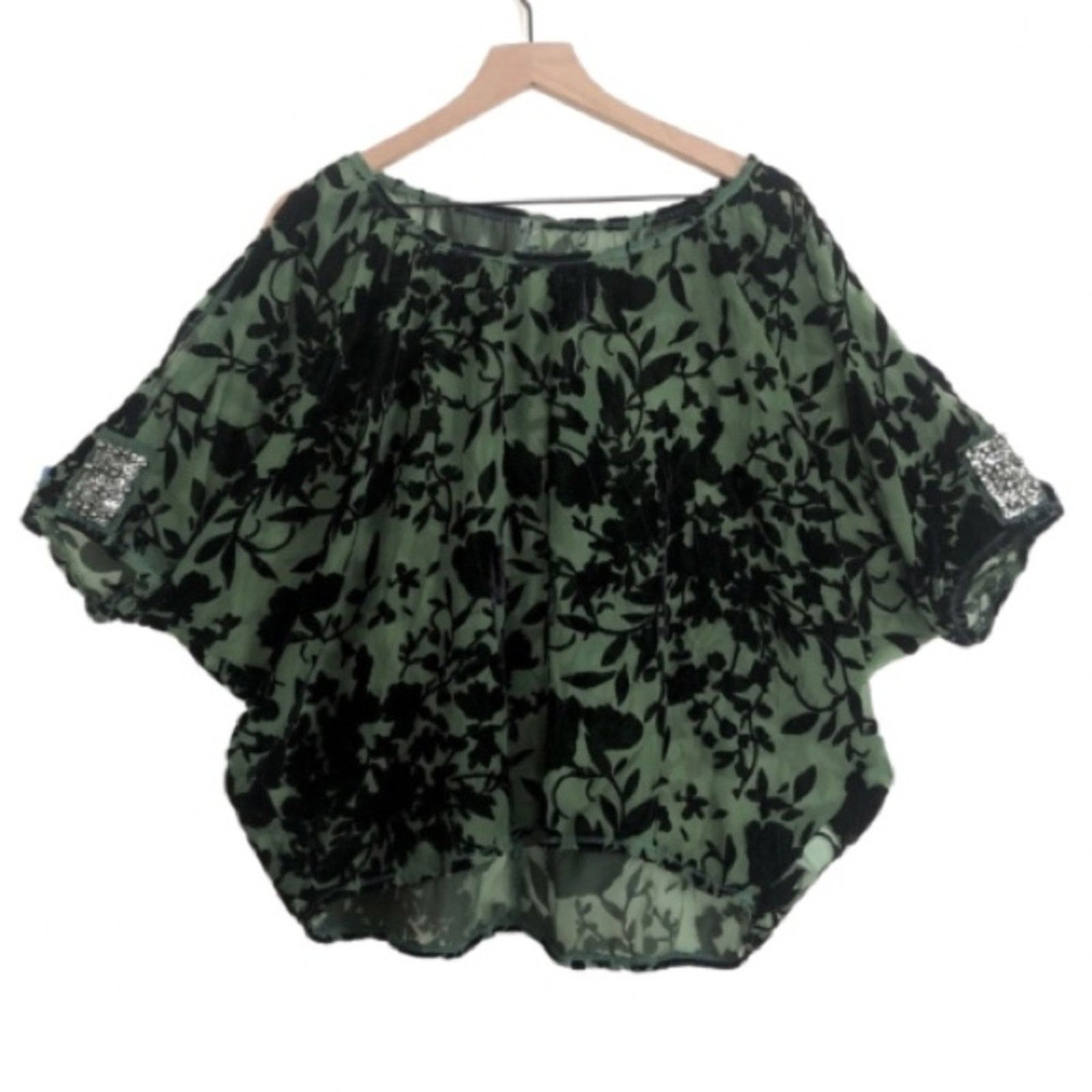 Other Awake Couture Green Black Velvet Velour Floral Blouse Top Size L / US 10 / IT 46 - 1 Thumbnail