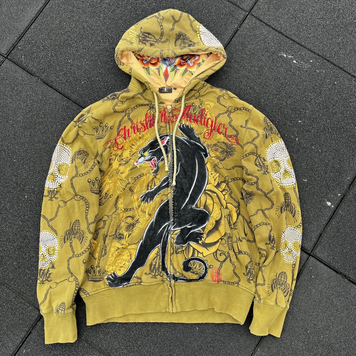 image of Y2K Christian Audigier Hoodie (Unisex) in Army Green, Men's (Size Large)
