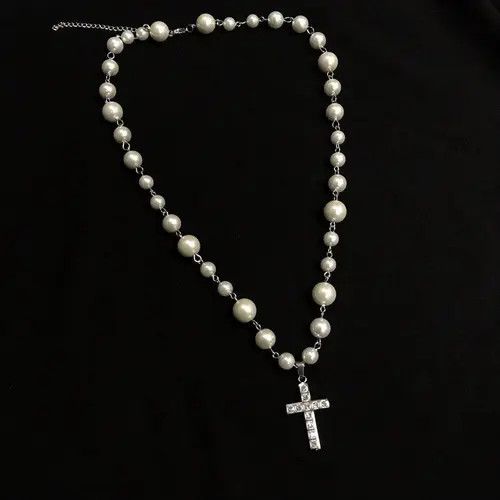 Jewelry Rhinestone Cross Pearl Pendant Necklace Size ONE SIZE - 7 Thumbnail