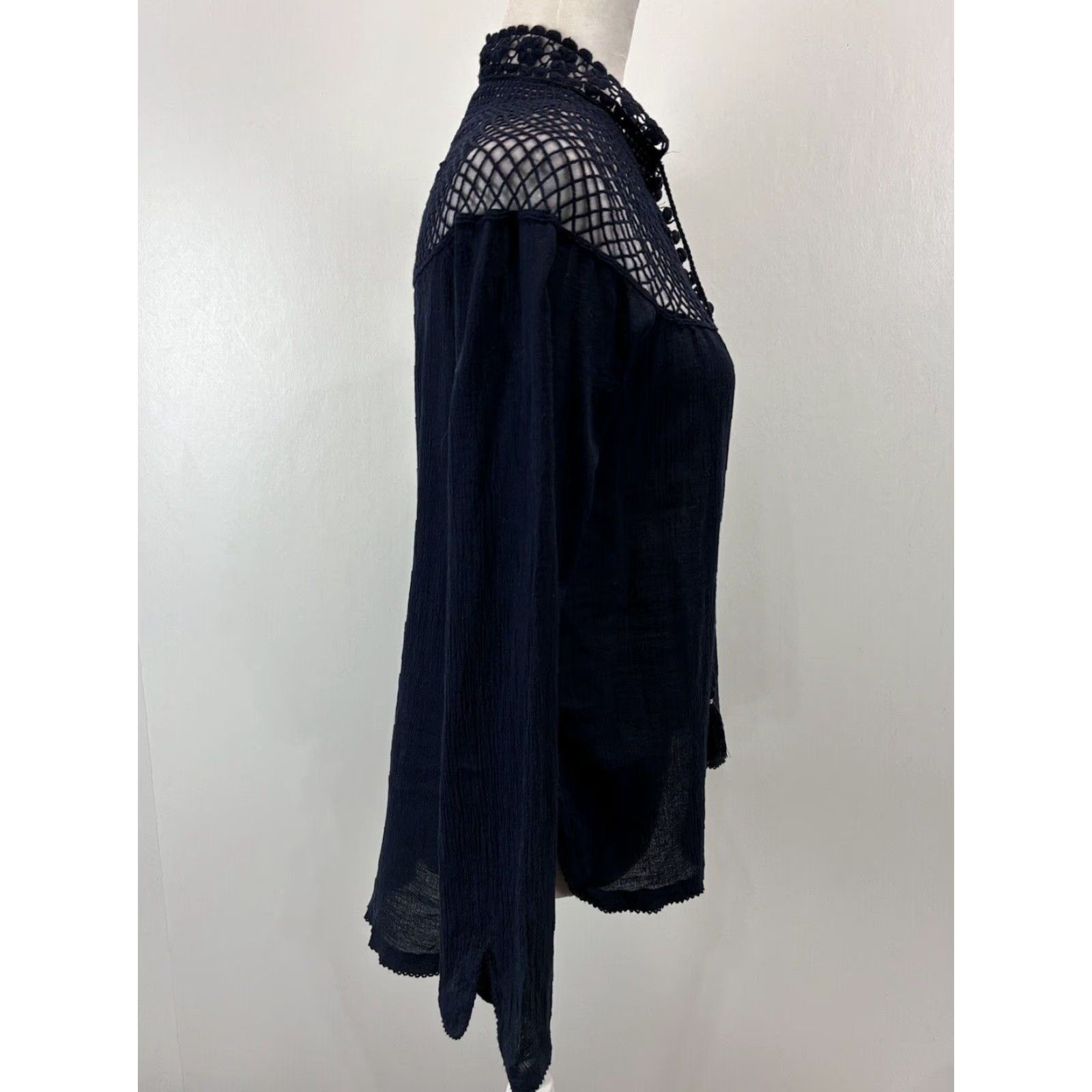 Free People Free People Crochet Yoke High Neck Long Sleeve Top Blue Women's Small Size S / US 4 / IT 40 - 4 Thumbnail