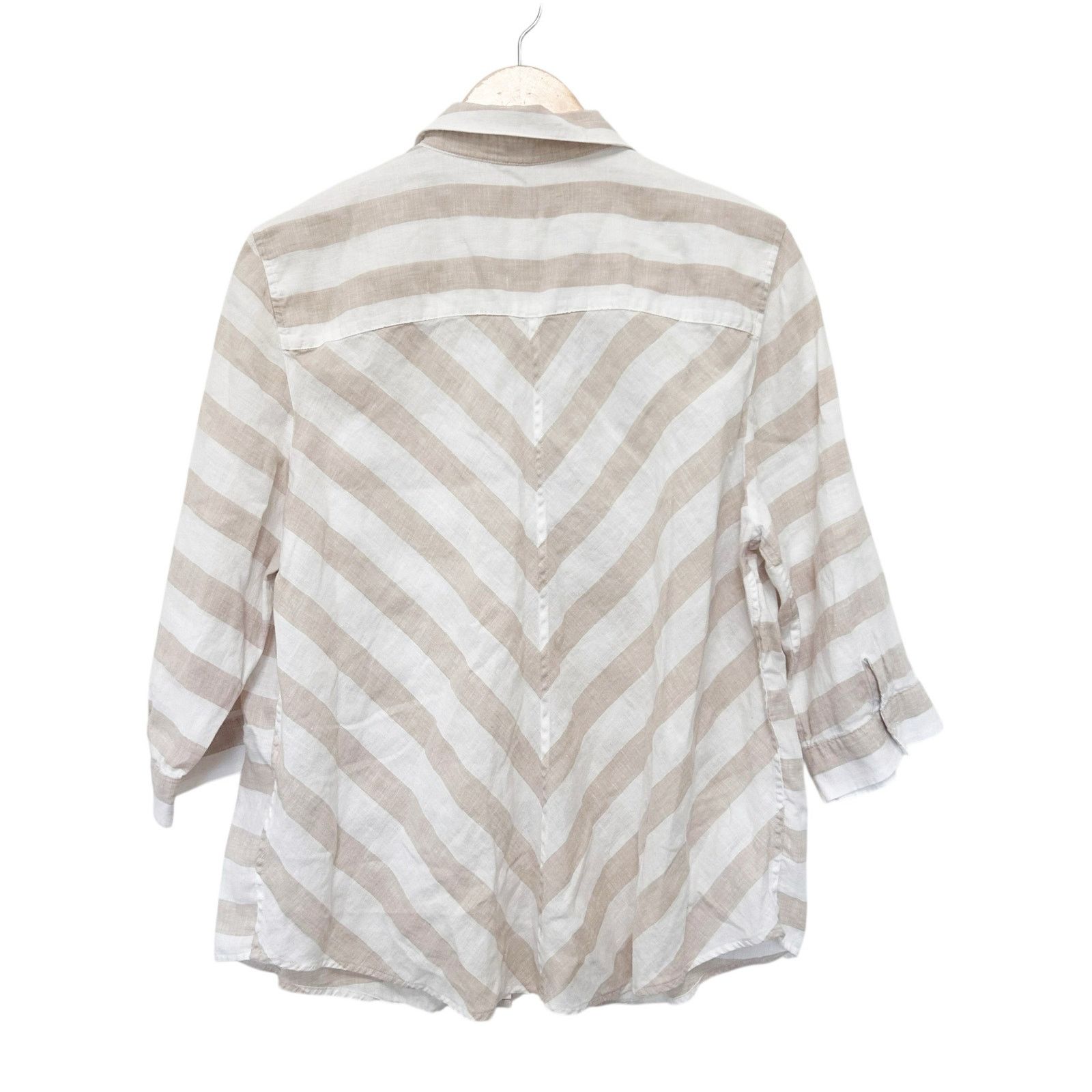 Chicos Chicos Tan White Striped 100% Linen Button Down Shirt Sz XLP Size XL / US 12-14 / IT 48-50 - 5 Thumbnail