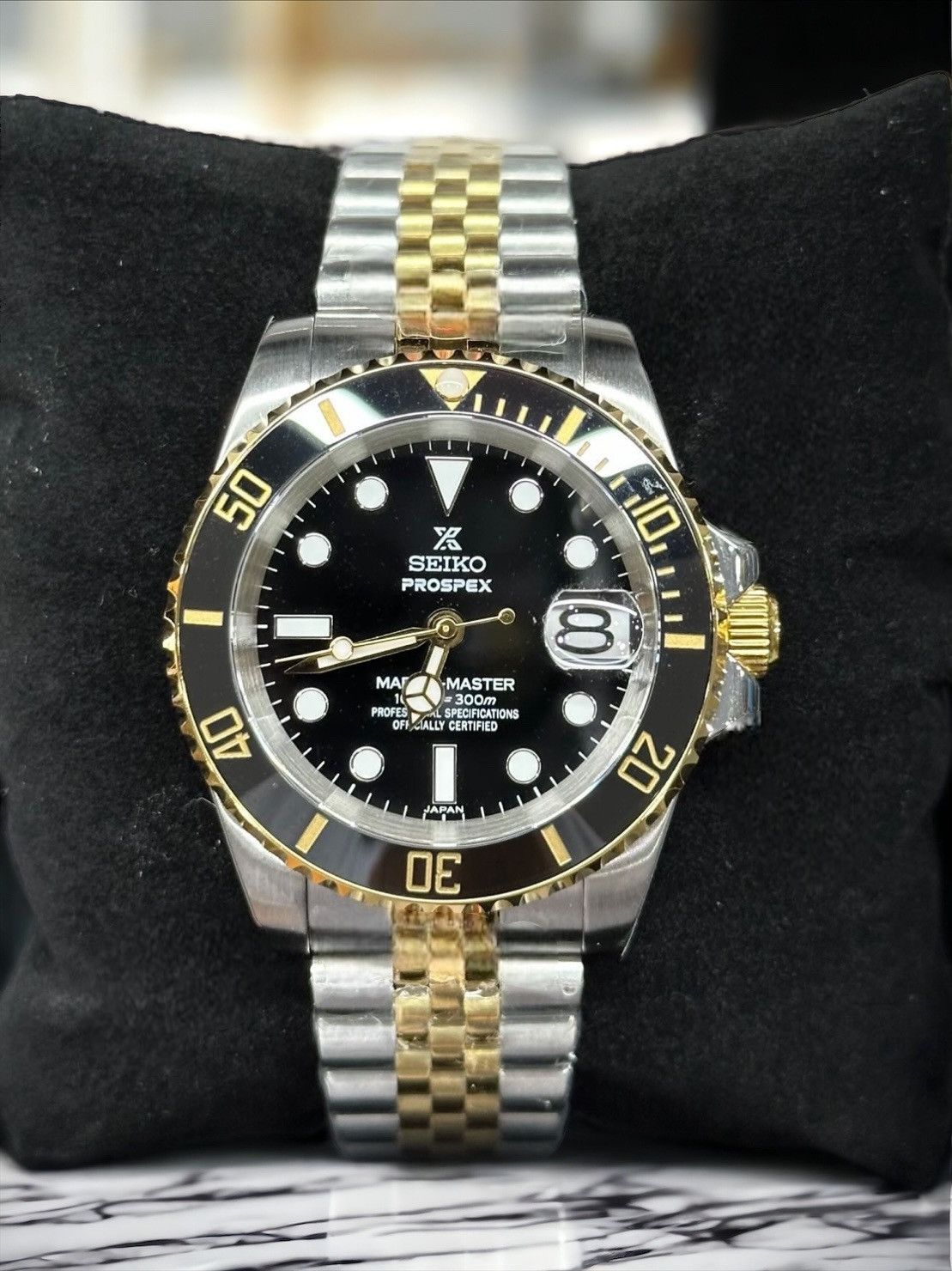 Japanese Brand Seiko Mod Prospex Submariner Black Steel Gold Jubilee Watch Size ONE SIZE - 1 Thumbnail