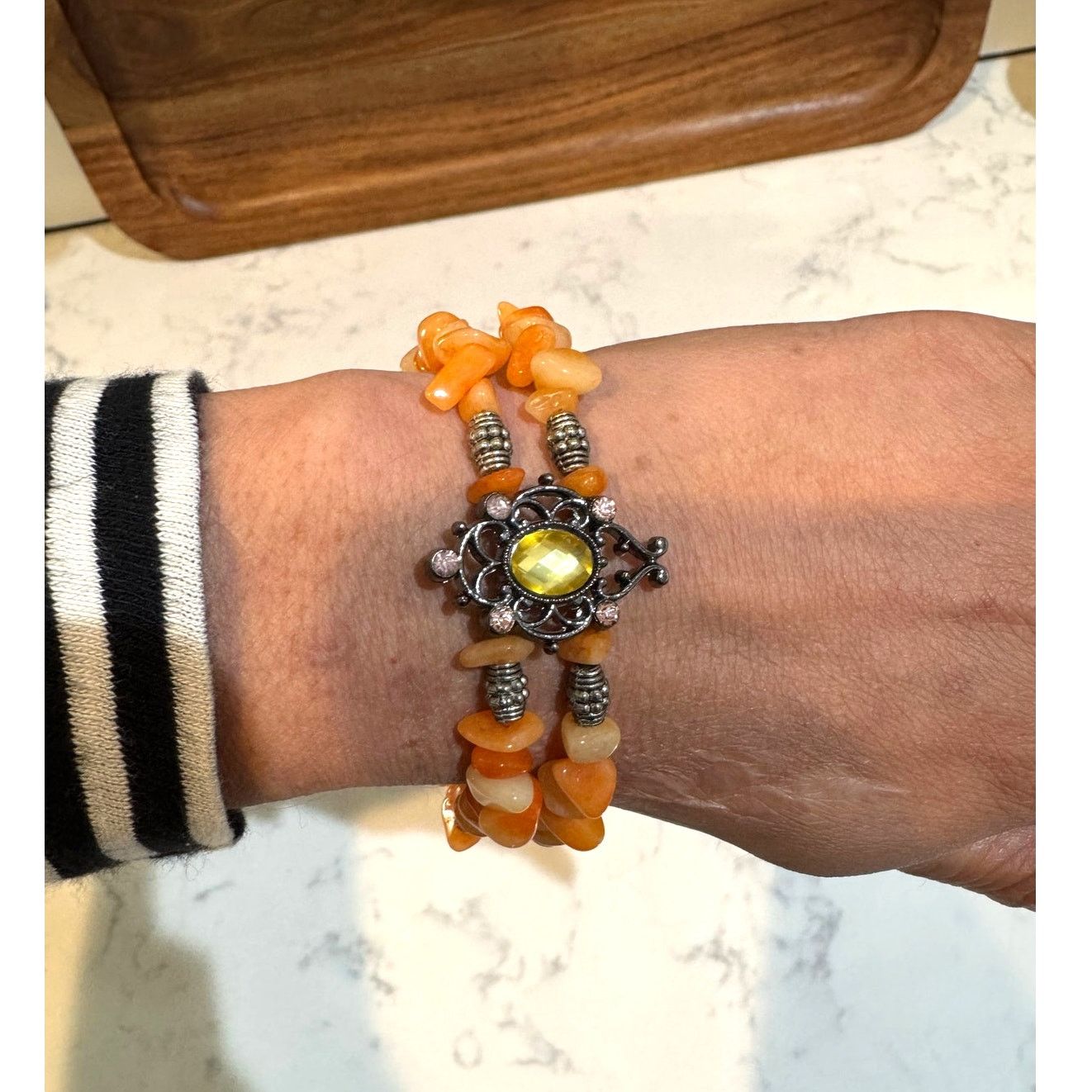 Handmade Handmade peach orange beaded dark metal accent bracelet Size ONE SIZE - 1 Thumbnail