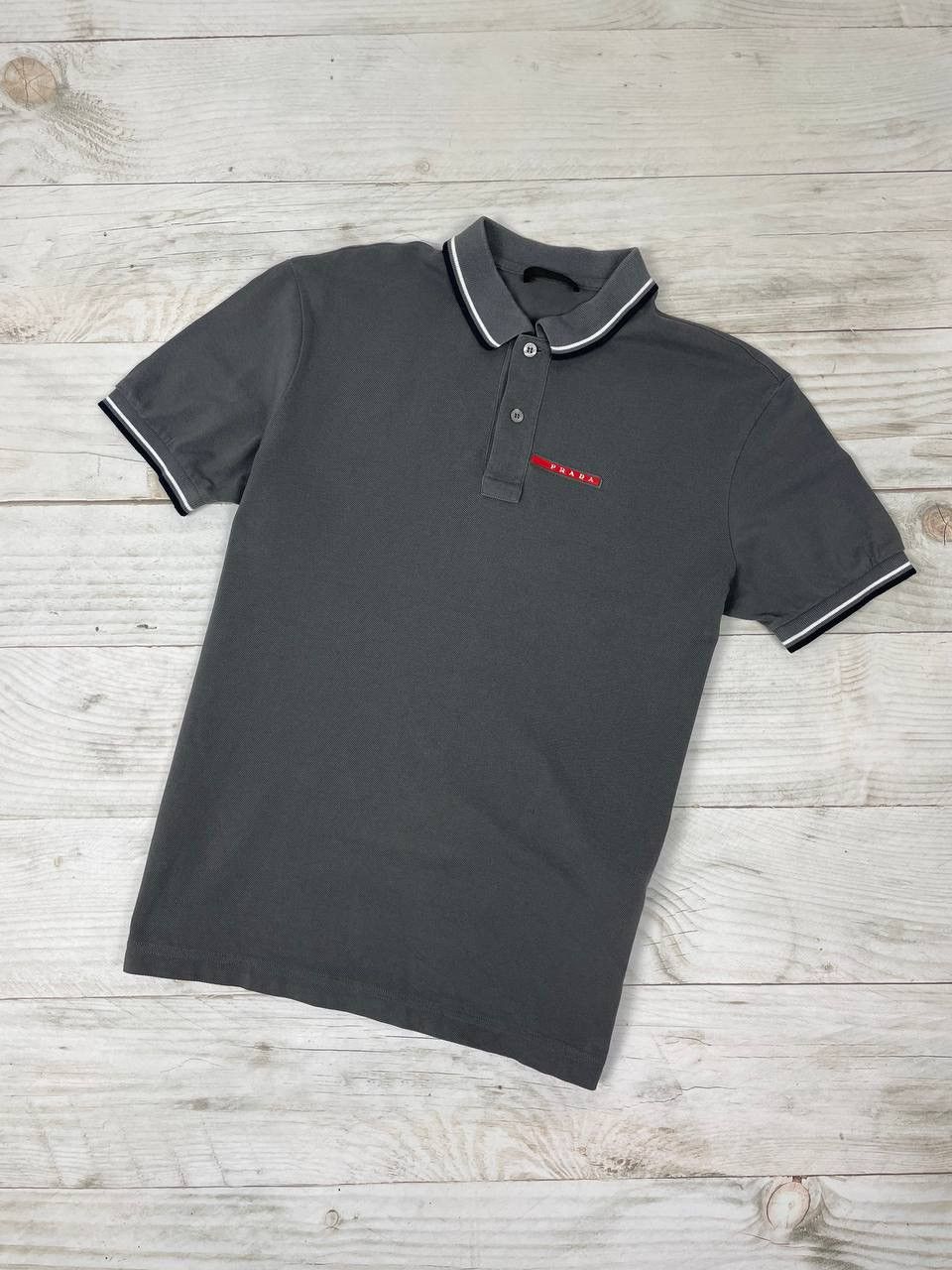 Image of Vintage Prada Milano Grey Polo Shirt Red Tab Luxury Size S, Men's