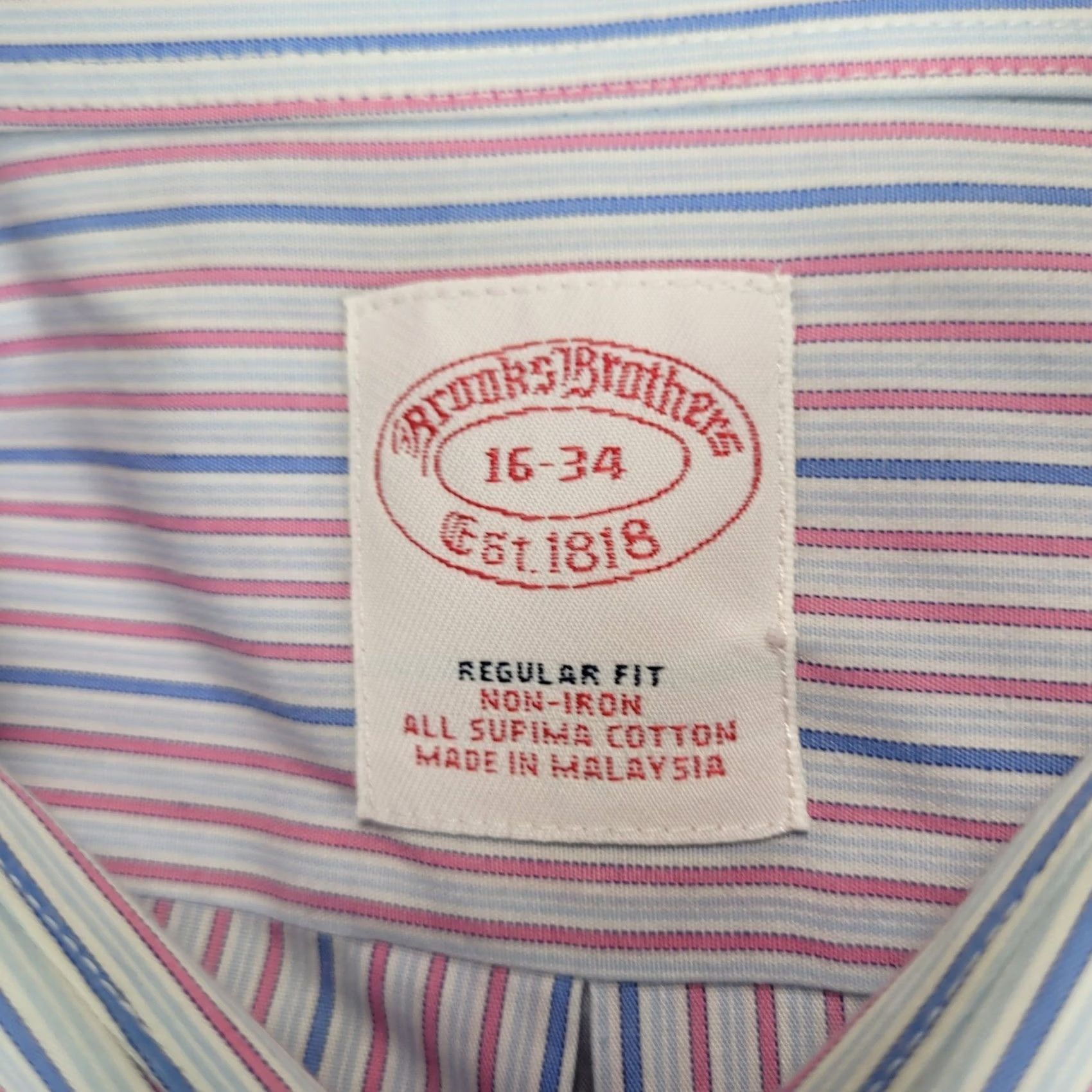 Brooks Brothers Brooks Brothers Mens Regular Fit Striped Dress Shirt Supima Cotton Pink 16 34 Size 46R - 2 Thumbnail