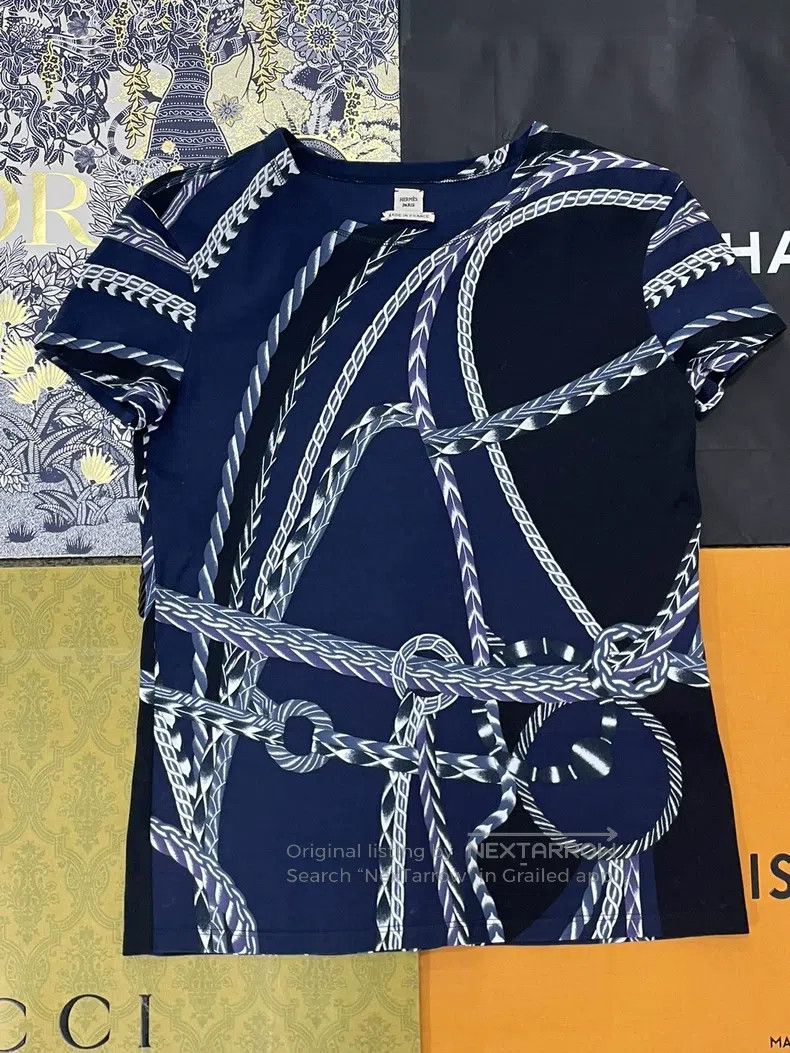 Hermes Hermes Blue and Black Chain Printed Short Sleeve T-Shirt Size XXS / US 00 / IT 34 - 1 Thumbnail